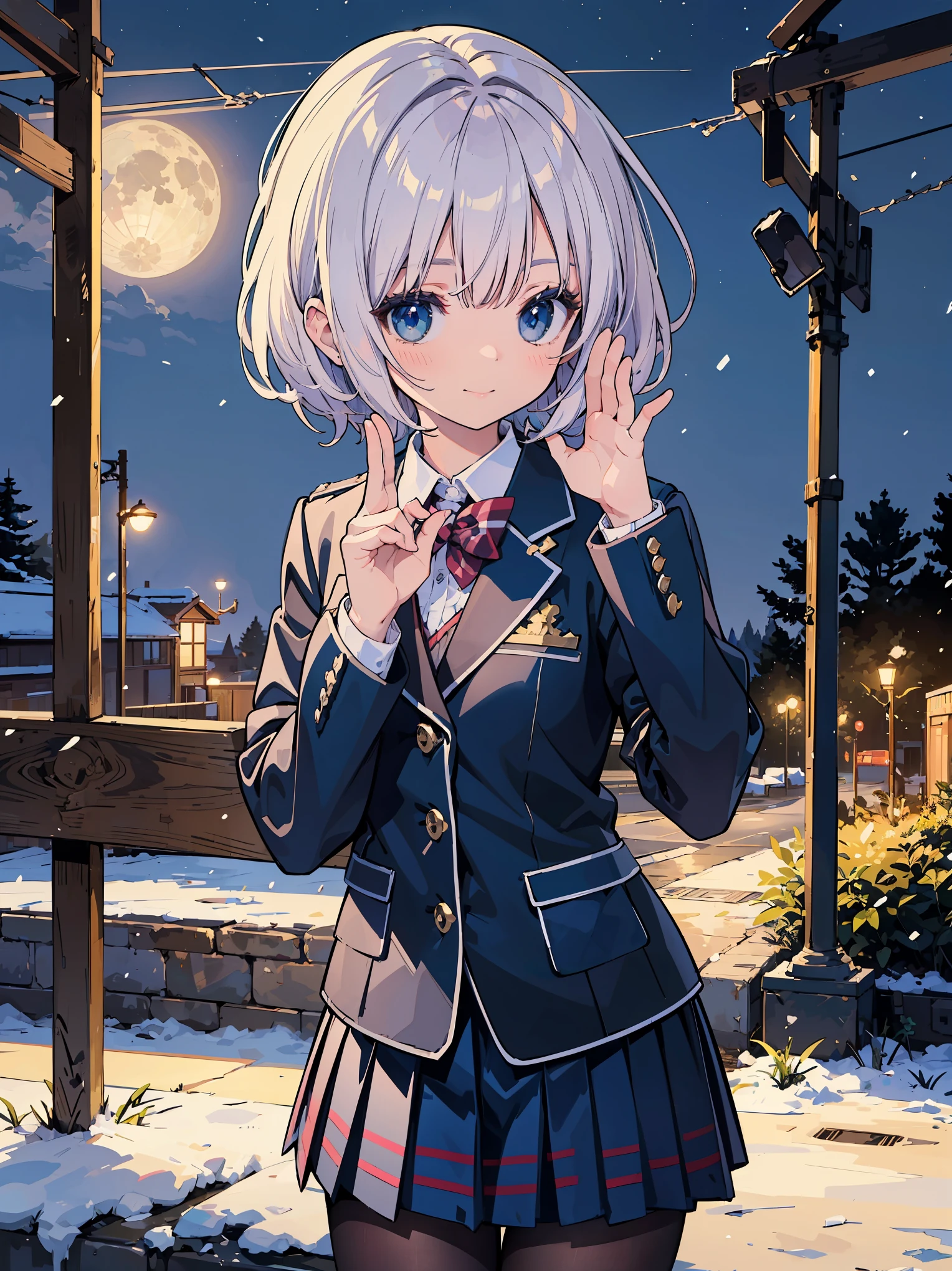 (superlative quality work by the Creator God: 1.4), (absolute resolution: 1.4), (greatest masterpiece by the God of Arts and Sciences: 1.4), (intricate, meticulously detailed and realistic materials and textures and light sources: 1.3), (perfect anatomy: 1.2),

BREAK.

This illustration features a [((cute))):1.3] girl with [((pink))):0.9] hair in a one-length braided bob cut short hair. She is wearing a uniform from a well-known school where blazers are popular, with a deep gray blazer, white piping, and a fresh blue checked skirt. She is drawn to evoke realistic fabrics and textures, and the buttons on her blazer and pleats on her skirt are finely rendered. She is smiling and waving at the camera. The background is the school gate of her school, covered with [((white)):0.9] snow. The sky is [((blue)):0.9] clear and the moon is shining. This illustration shows the contrast and wonder of spring and winter.

BREAK

(Depth of field: 1.4), looking at the viewer, ((perfect pixels, 8K wallpaper )), one girl, single, alone, reincarnated appearance of Aphrodite, goddess of beauty, beauty of the highest order,

BREAK

Aphrodite's reincarnated appearance as a goddess of beauty, immense beauty, BREAK, super exquisite skin, (best lighting by a famous artist: 1.2), (charming poses acting instruction by a very famous master: 1.4), cute illustrations.