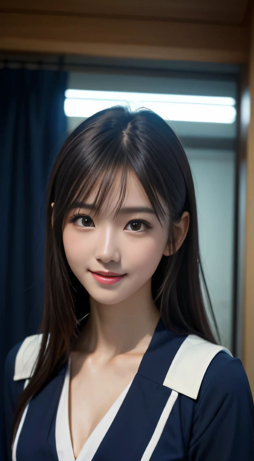 Face Interview, (Photoreal:1.4), (hyper realistic:1.4), (realistic:1.3), (smooth lighting:1.05), (Improve video lighting quality:0.9), 1 female, 16-year-old woman, realistic lighting, Backlight, facial light, ray tracing, (cheerfulness:1.2), (Improved image quality:1.4), (Highest quality realistic textured skin), finely tuned, small face, red cheeks, slender body, medium-breasted pointed jaws,,,,,,,,,,,,,, Japan idol system, Nogizaka idol, glowing skin, fiery idol pose, P, dull bangs, black hair, hair behind the ear, shoulder hair, long hair,tear bag,Summer plateau、no makeup、Inside a high school classroom、(High School Uniform Sailor Uniform:1.2)