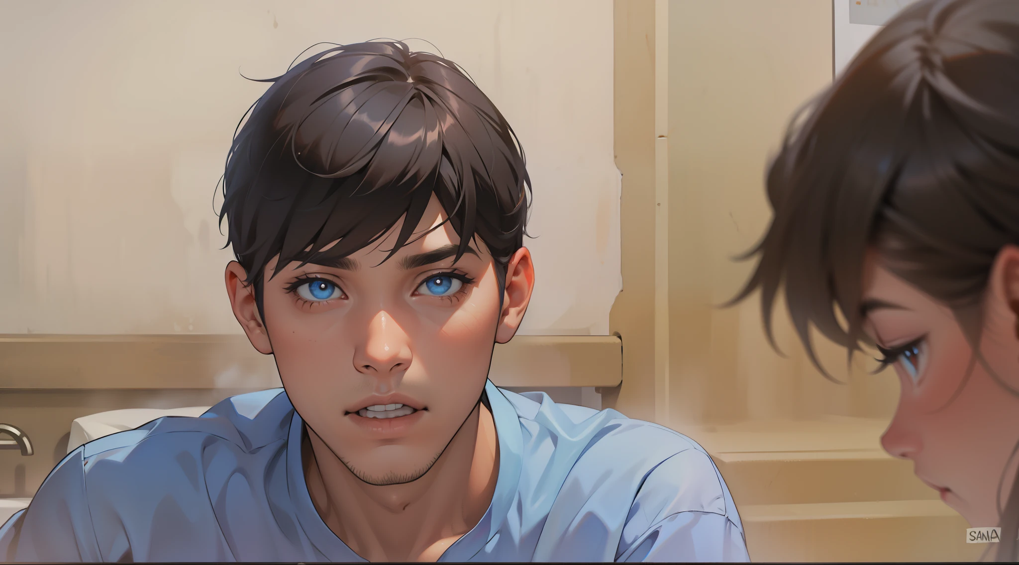 tiene cabello y ojos de color naranja , camisa de color azul cielo