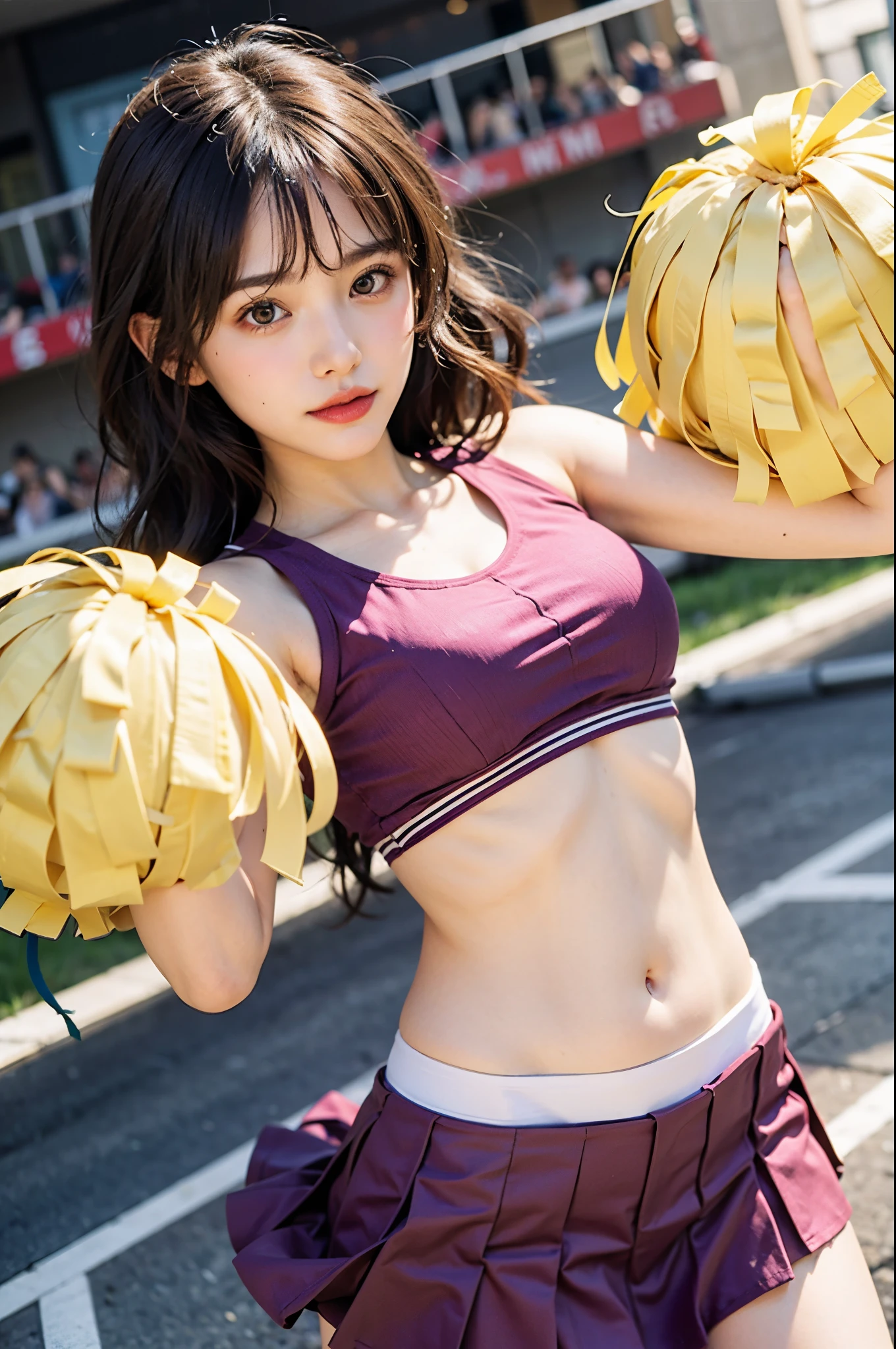 1girl, bangs, bare shoulders, blush, breasts, cheerleader, collarbone, cowboy shot, crop top, holding, looking at viewer, medium breasts, midriff, miniskirt, navel, pleated skirt, pom pom \(cheerleading\), purple eyes, purple hair, skirt, sleeveless, sleeveless shirt, solo, stomach, BREAK Top quality, one beautiful woman, 20 years old, 35mm lens, f/1, dark brown eyes, braids, black hair, pale skin, medium chest, slendar body