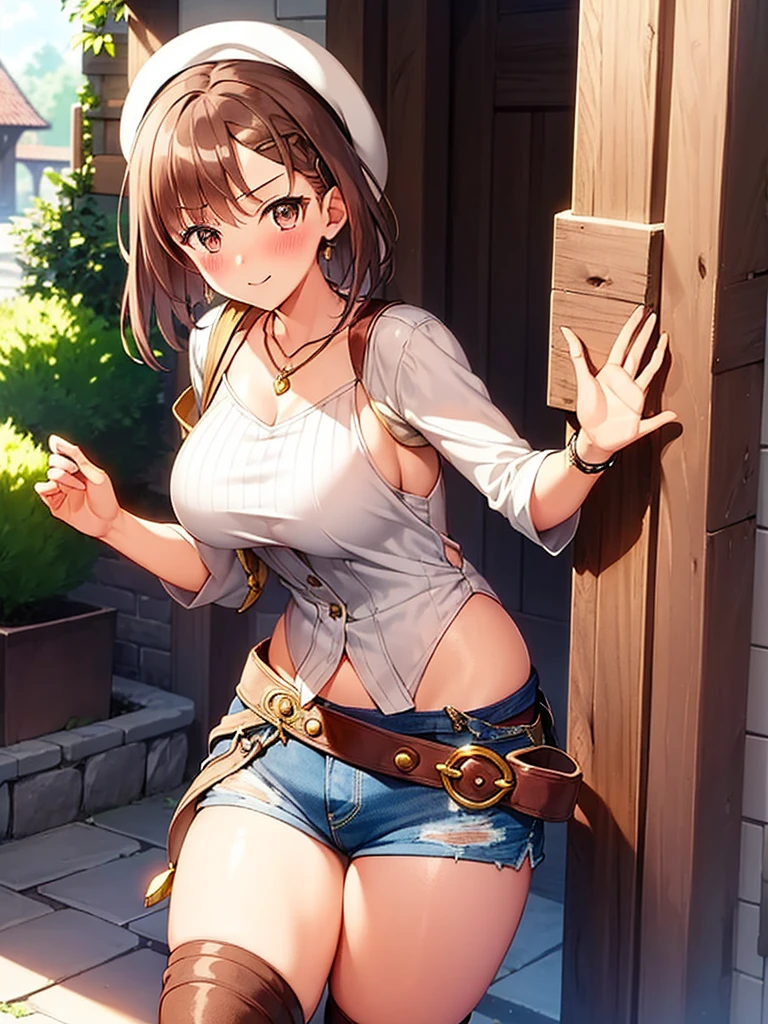 (leaning forward:1.2), ((blush:1.2)), 1 girl, riser, atelier, Alchemist, beret, short hair, (((white shirt))), (very short shorts:1.2), over the knee boots, looking at the viewer, big breasts, thick thighs, embarrassing, outdoor, written boundary depth, Curvaceous, adult women, cowboy shot, close the legs,