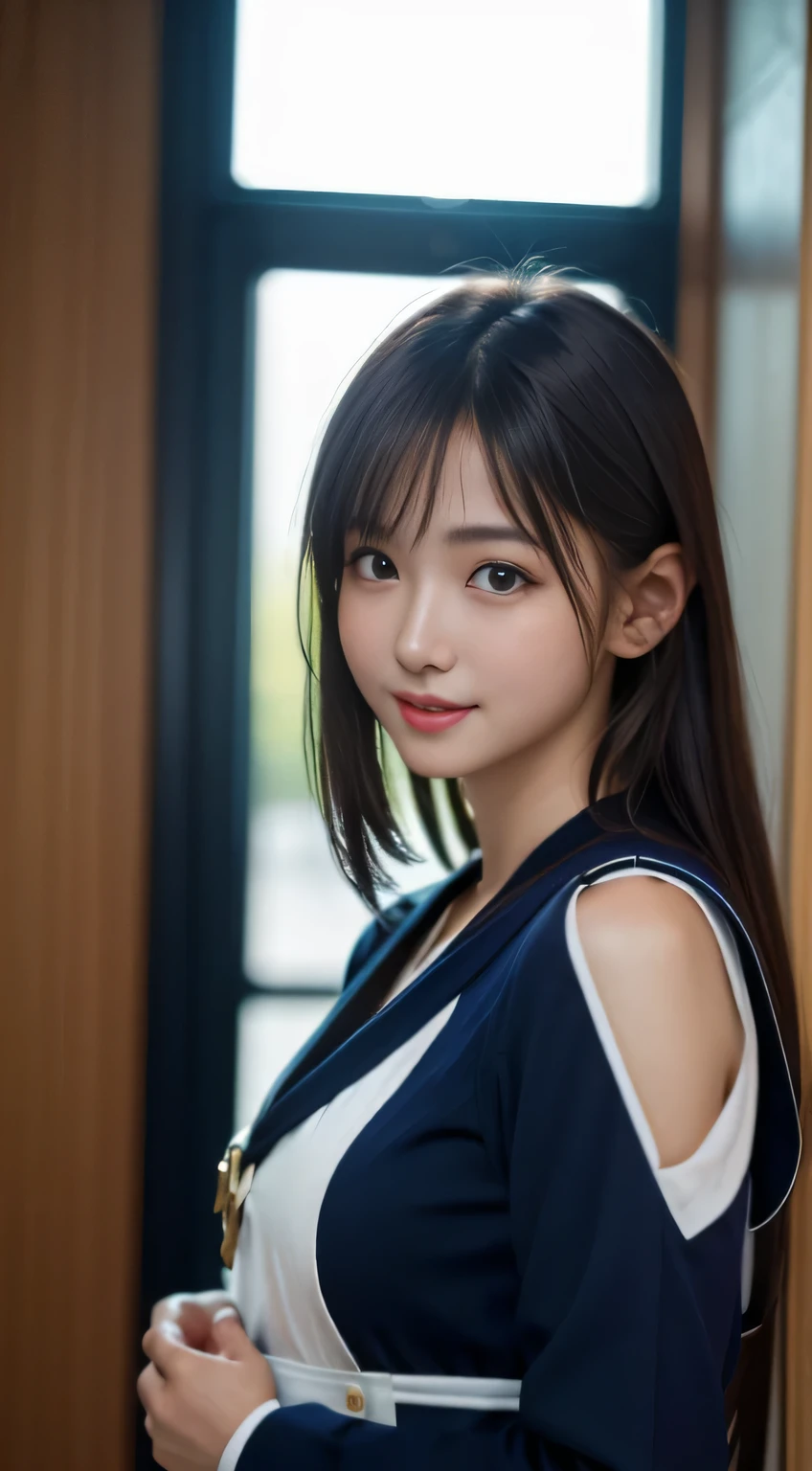 Face Interview, (Photoreal:1.4), (hyper realistic:1.4), (realistic:1.3), (smooth lighting:1.05), (Improve video lighting quality:0.9), 1 female, 18 year old female, realistic lighting, Backlight, facial light, ray tracing, (cheerfulness:1.2), (Improved image quality:1.4), (Highest quality realistic textured skin), finely tuned, small face, red cheeks, slender body, medium-breasted pointed jaws,,,,,,,,,,, Japan idol system, Nogizaka idol, glowing skin, fiery idol pose, P, dull bangs, black hair, hair behind the ear, shoulder hair, long hair,tear bag,Summer plateau、no makeup、(Navy blue long-sleeved sailor suit:1.2)