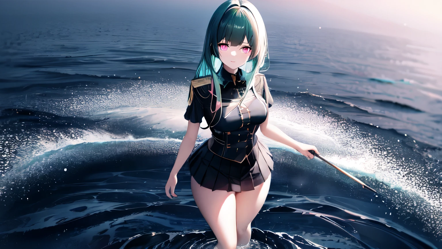 1girl, long blue green hair, pink eyes(glowing), thick figure, voluptuous, pale skin(extreme), black uniform and skirt, chiaroscuro, stone ruins, cosmic, Galaxy in water, from above, 8k, absurdres, best quality