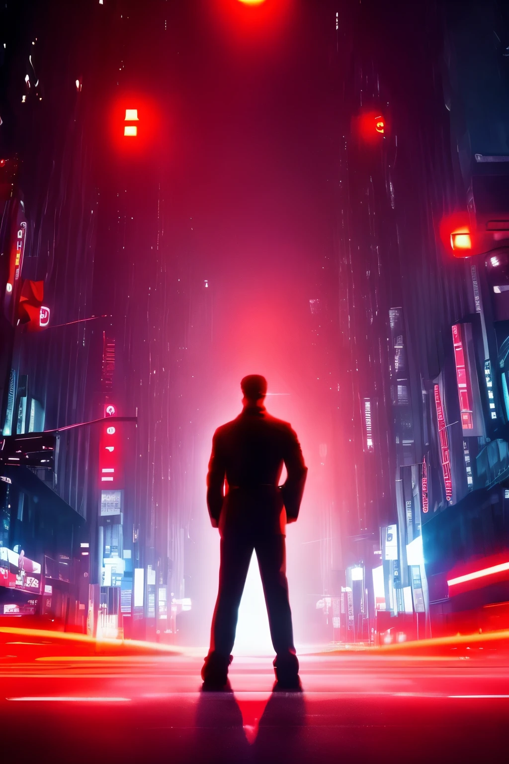 (best quality,4k,highres,masterpiece:1.2),dark figure with overcoat black observing a city with red lights, red particles, red neon, red tone, cinematic view