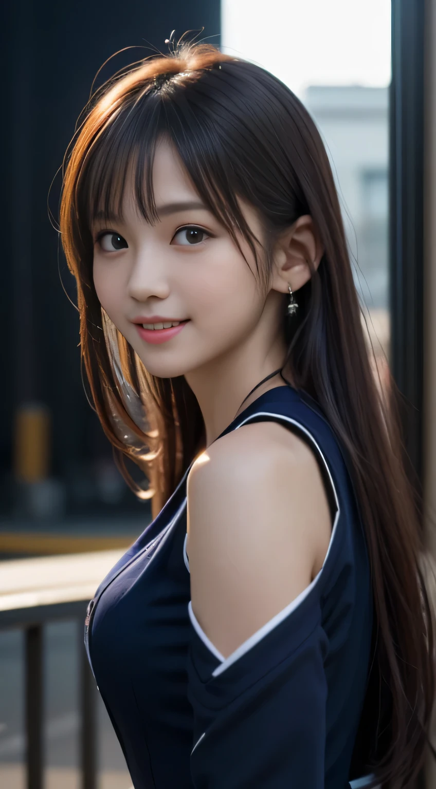 Face Interview, (Photoreal:1.4), (hyper realistic:1.4), (realistic:1.3), (smooth lighting:1.05), (Improve video lighting quality:0.9), 1 female, 18 year old female, realistic lighting, Backlight, facial light, ray tracing, (cheerfulness:1.2), (Improved image quality:1.4), (Highest quality realistic textured skin), finely tuned, small face, red cheeks, slender body, medium-breasted pointed jaws,,,,,,,,,,, Japan idol system, Nogizaka idol, glowing skin, fiery idol pose, P, dull bangs, black hair, hair behind the ear, shoulder hair, long hair,Summer plateau、no makeup、(Navy blue long-sleeved sailor suit:1.2)
