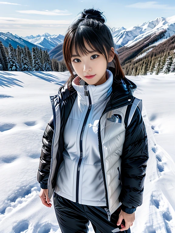 very detailed、masterpiece、(snow mountain background):1.3、a woman in a (white down vest at northface):1.4, white puffer vest and black pants posing for a picture, model is wearing techtical vest, sportswear, sportswear, かわいいsportswear, nanocarbon-vest, white!!, white coat, tech wear women pictures, 2 techwear women, catalog photo, stylish coat for rave, full body photo, future inflatable jacket, Miko, Kim Woo