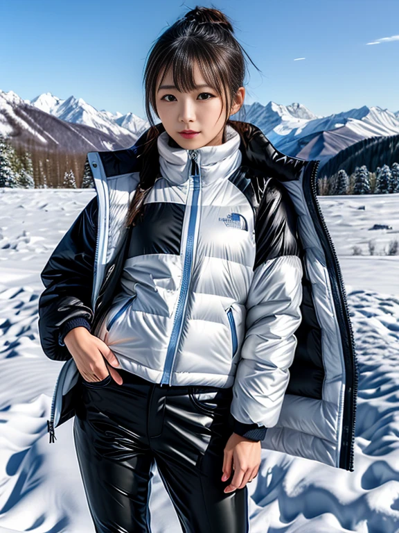 very detailed、masterpiece、(snow mountain background):1.3、a woman in a (white down vest at northface):1.4, white puffer vest and black pants posing for a picture, model is wearing techtical vest, sportswear, sportswear, かわいいsportswear, nanocarbon-vest, white!!, white coat, tech wear women pictures, 2 techwear women, catalog photo, stylish coat for rave, full body photo, future inflatable jacket, Miko, Kim Woo