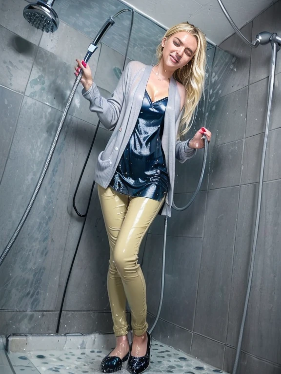 ((woman taking a shower in very tight low cut mint green blouse and very long grey cardigan sweater and navy blue skinny jeans and black flat shoes)), (((wet hair))), soaking wet, SoakingWetClothes, ((standing under the shower head)), (((show shoes))), inviting smile, water pouring through clothes, ((NSFW)), nipples visible through wet blouse, ((blonde hair high bun style)), blue eyes