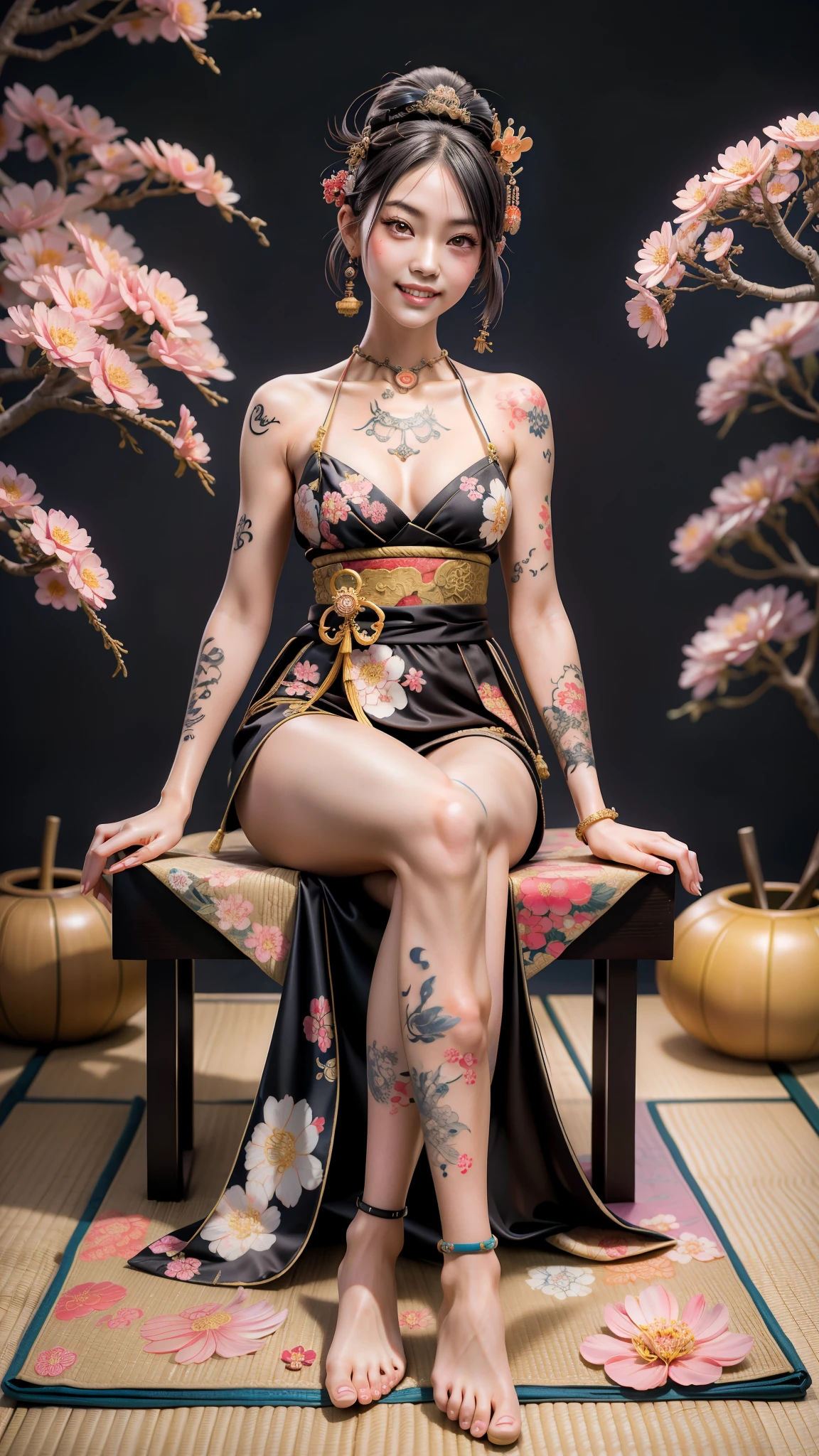 A beautiful 18 year old girl，Dark brown short hair。naked breast enlargement，Small waist，slim body。Japanese woman with toothy smile and Ukiyoe tattoo on her back sitting on mat, japanese goddess, Japanese model, Ukiyoe tattoo girl, Full body covered with Ukiyoe flower tattoos, full body ukiyoe tattoo, tattoo body, Inspired by Chunguang Zhaibeizhou, , Oriental tattoos, traditional japanese, Charming and sexy geisha, ink and color one