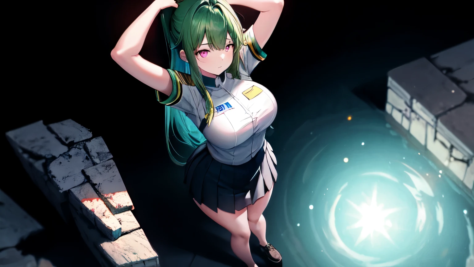 1girl, long blue green hair, pink eyes(glowing), thick figure, voluptuous, pale skin(extreme), black uniform and skirt, arms up, chiaroscuro, stone ruins at night, cosmic, Galaxy in water, from above, 8k, absurdres, best quality