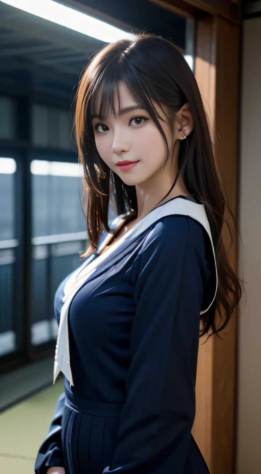 Face Interview, (Photoreal:1.4), (hyper realistic:1.4), (realistic:1.3), (smooth lighting:1.05), (Improve video lighting quality:0.9), 1 female, 18 year old female, realistic lighting, Backlight, facial light, ray tracing, (cheerfulness:1.2), (Improved image quality:1.4), (Highest quality realistic textured skin), finely tuned, small face, red cheeks, slender body, medium-breasted pointed jaws,,,,,,,,,,, Japan idol system, Nogizaka idol, glowing skin, fiery idol pose, P, dull bangs, black hair, hair behind the ear, shoulder hair, long hair，Summer plateau、no makeup、(Navy blue long-sleeved sailor suit:1.2)