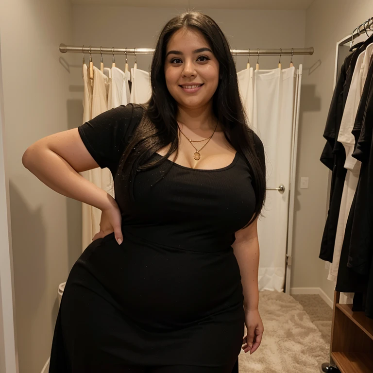 Chubby fat bbw nerdy latina young woman (20 years old), chubby belly, long straight black hair, Golden necklace, in clothing fitting room, wearing small black dress, with husband, smiley expressions, full.body, view from rear