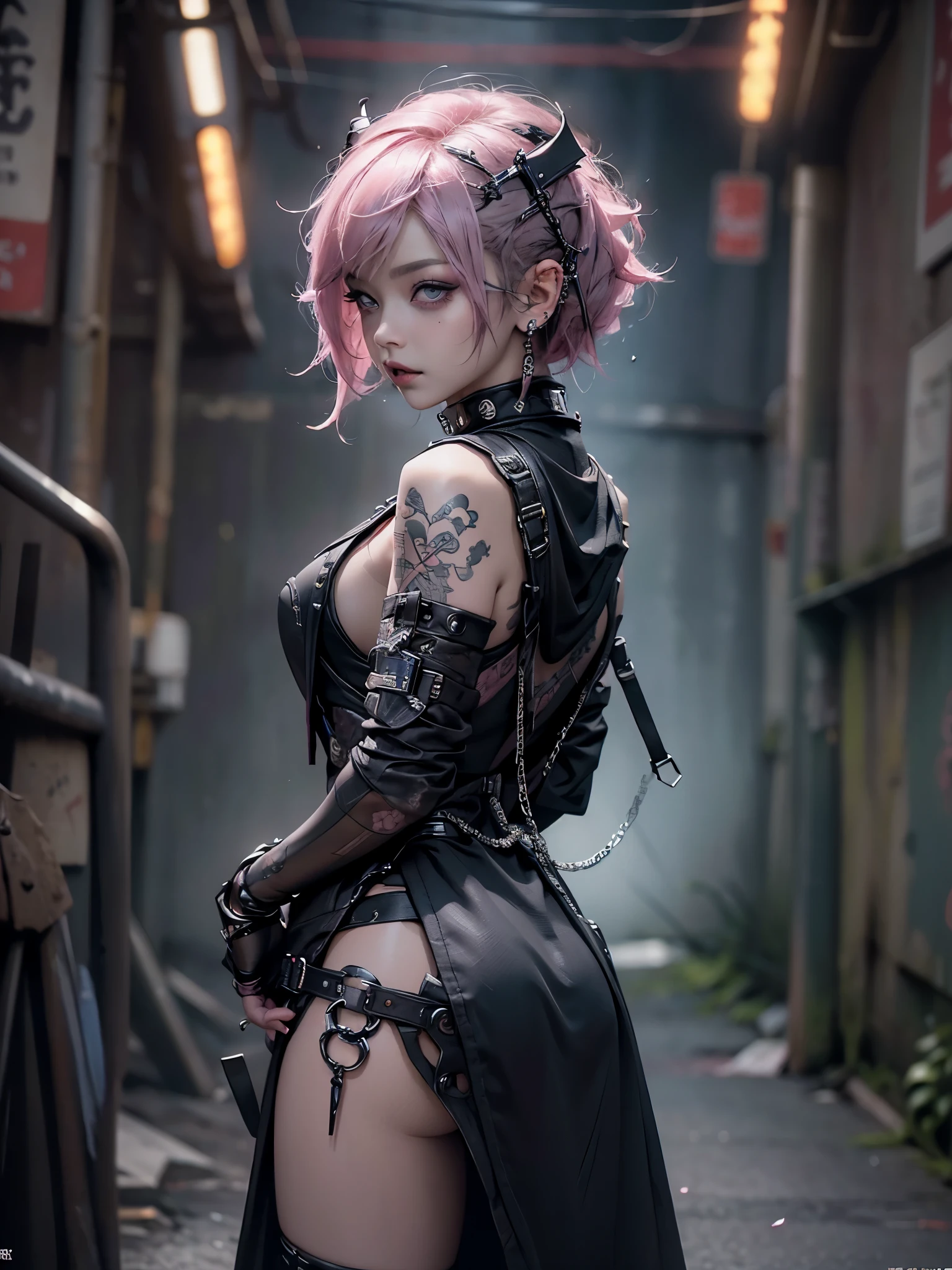 PERFECT MASTERPIECE, EXTREMELY DETAILED CG UNITY 32K UHD QUALITY RESOLUTION WALLPAPER, PHOTOREALISTIC, RAW PHOTO, PERFECT PHOTOGENIC CLARITY, OFFICIAL ART, AWARD-WINNING PORTRAIT, ULTRA HYPER-REALISTIC, ULTRA HYPER-DETAILED, SHINY REALISTIC SKIN, RAY TRACING, GLOWING AMBIENT LIGHT, The most beautiful and sexy gothic punk girl, (very short pink hair in a shaved mohawk gothic hairstyle:1.3) vibrant moonlight eyes, long detailed eyelashes, blushing, full pouting pink lips, (detailed gothic makeup:1.3) (super huge enormously gigantic nude tits and nipples exposed, nude hairy pussy exposed:1.3) (wearing highly detailed Harajuku-inspired gothic punk hoodie and school girl skirt with lots of straps zippers buckles and chains:1.3) tons of tattoos and piercings, looking back at the viewer, sitting arching her back in a sexy seductive slutty pose, close up pov camera view from below, cherry blossoms blowing in the wind, gothic cyber punk City background