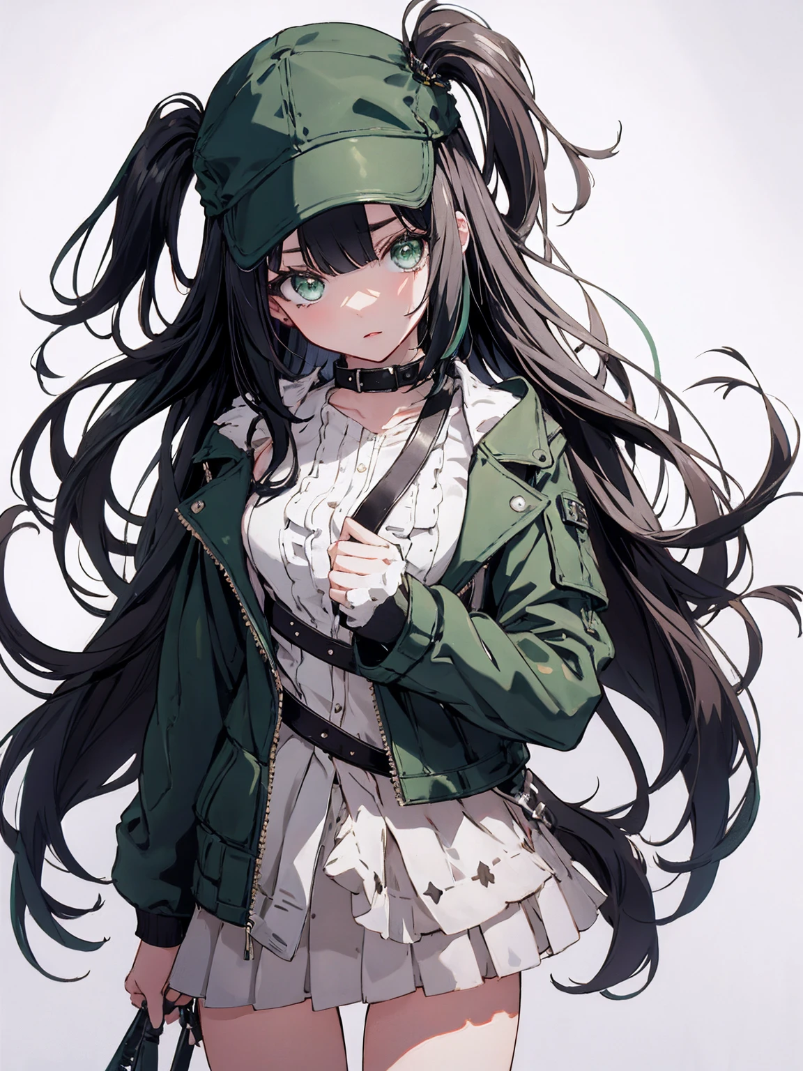 1 girl、black hair、green eyes、leather jacket、hat、Black feathers、white background、simple background