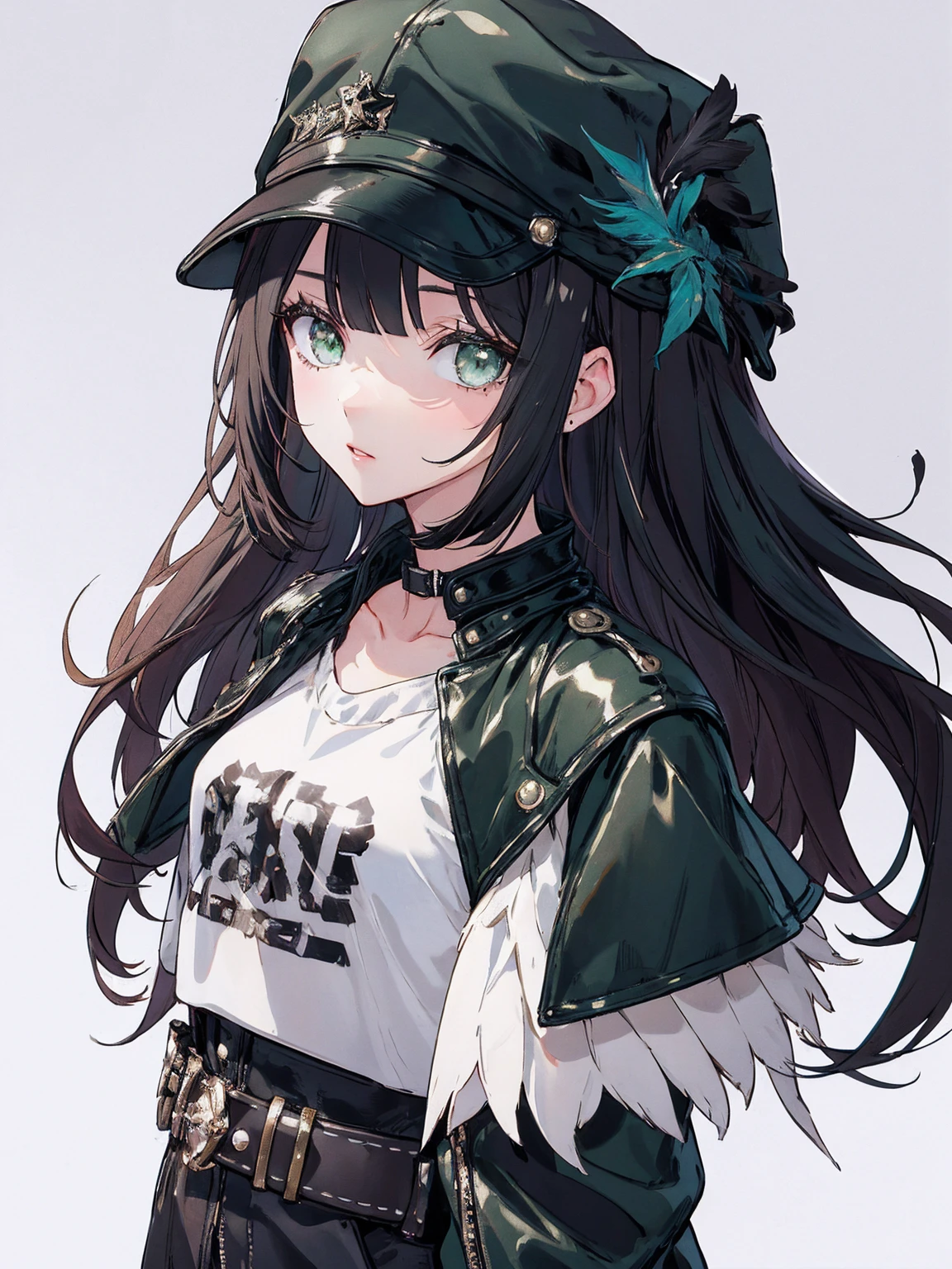 1 girl、black hair、green eyes、leather jacket、hat、Black feathers、white background、simple background