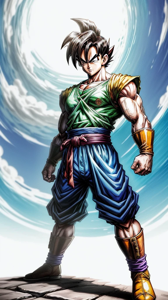 a cartoon of a very young Gohan with a serious face and square chin, arte conceitual inspirada em Kanbun Master, reddit, sōsaku made, estilo akira toriyama, gohan beast as an asian man, estilo dragon ball Z, personagem dragon ball, mudoken, Gohan beast 5 0 0 px modelos, postura poderosa, akiri toriyama, gohan beast from dragon ball super super hero, fundo branco com cores roxas escuras estilo aquarela