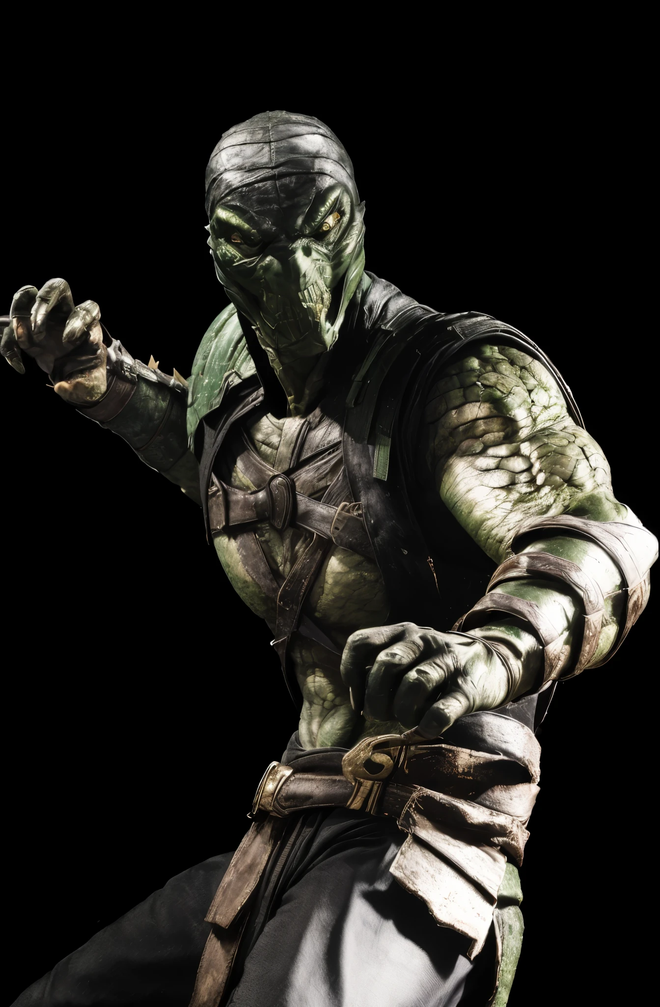 (masterpiece),(best quality:1.0),(ultra high resolution:1.0), reptile, monster, mortal kombat, mask, green eyes, green face, cloth on the head, fangs, black chaolin pants, closeup, detailed, face focus, 8k wallpaper