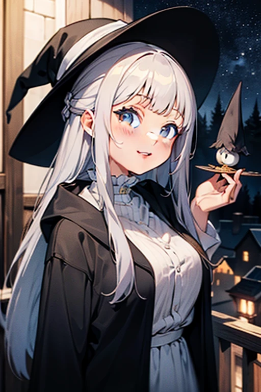 best quality, masterpiece, ultra high resolution, pretty face, girl, white blue hair, hair spread out, hair over shoulder, long hair, witch hat, light smile, evil smile, smug, anime, anime style, witch, owl, broom, flirty anime, casting magic, witch girl, pretty sorceress, a beautiful female witch, portrait of a young witch girl, beautiful wizard, splash ink art anime loli, a witch, portrait of a witch, night, castle, balcony, starry sky, nsfw