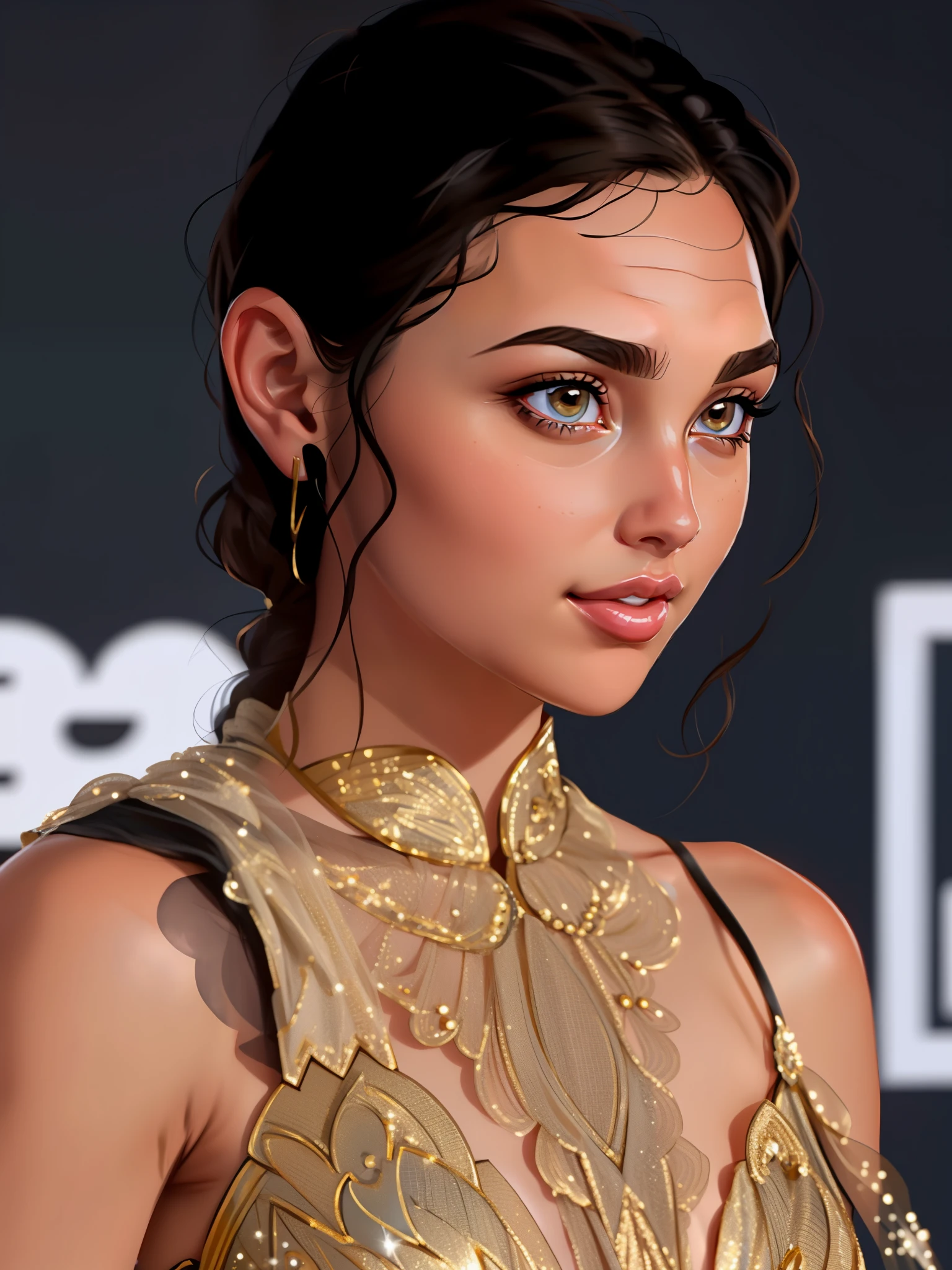 Gal Gadot in a gold dress posing for a picture, photo of the beauty gal gadot, hybrid of gal gadot, face like gal gadot, candid photo of gal gadot, gal gadot, gal gadot china plate, portrait of gal gadot, gal gadot as hell lord, gal gadot portrait, sexy painting of gal gadot