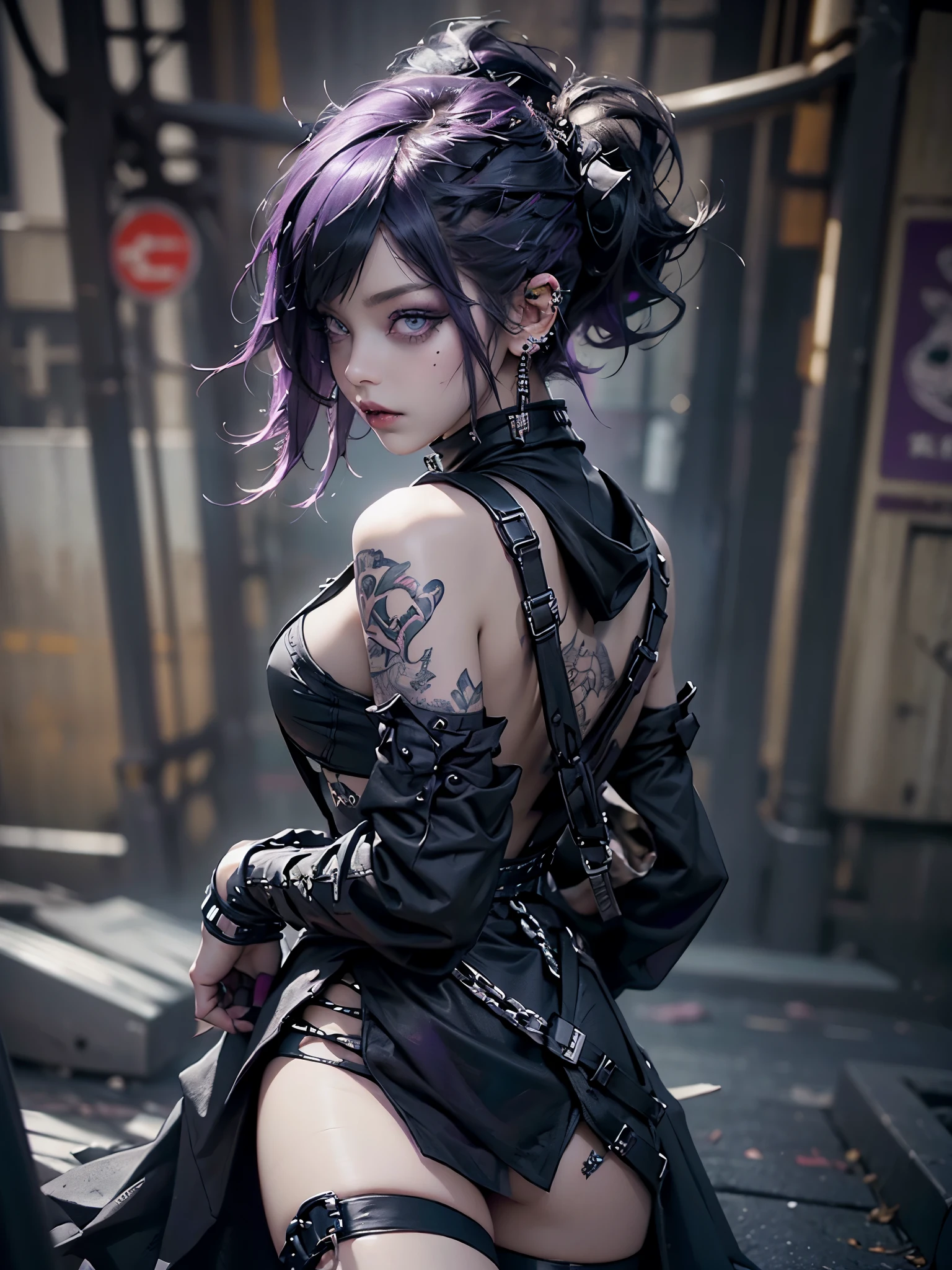 PERFECT MASTERPIECE, EXTREMELY DETAILED CG UNITY 32K UHD QUALITY RESOLUTION WALLPAPER, PHOTOREALISTIC, RAW PHOTO, PERFECT PHOTOGENIC CLARITY, OFFICIAL ART, AWARD-WINNING PORTRAIT, ULTRA HYPER-REALISTIC, ULTRA HYPER-DETAILED, SHINY REALISTIC SKIN, RAY TRACING, GLOWING AMBIENT LIGHT, The most beautiful and sexy gothic punk girl, (very short purple hair in a shaved mohawk gothic hairstyle:1.3) vibrant moonlight eyes, long detailed eyelashes, blushing, full pouting pink lips, (detailed gothic makeup:1.3) (super huge enormously gigantic nude tits and nipples exposed, nude hairy pussy exposed:1.3) (wearing highly detailed Harajuku-inspired gothic punk hoodie and school girl skirt with lots of straps zippers buckles and chains:1.3) tons of tattoos and piercings, looking back at the viewer, sitting arching her back in a sexy seductive slutty pose, close up pov camera view from below, cherry blossoms blowing in the wind, gothic cyber punk City background 