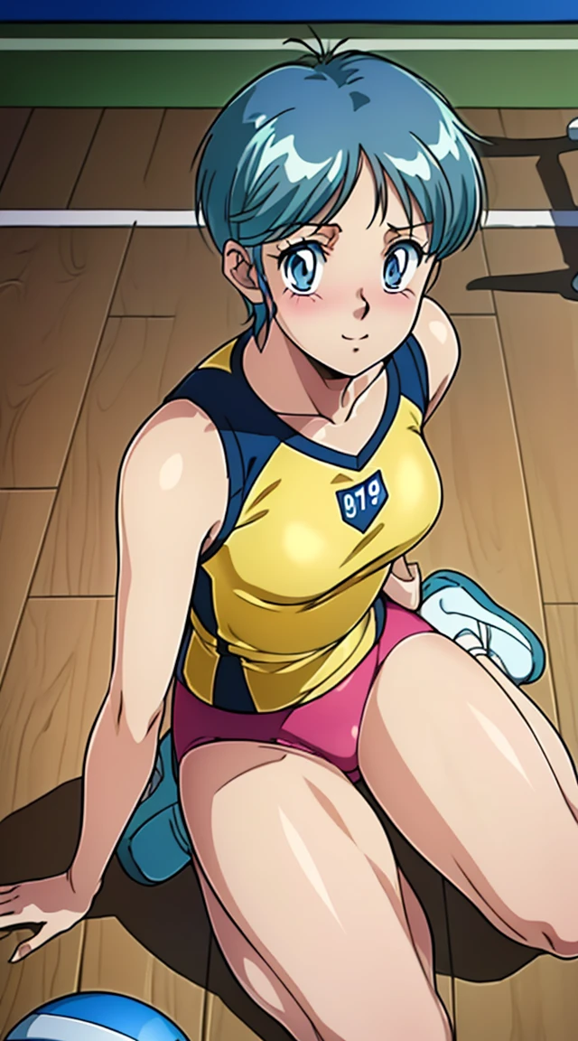 A cute boy, Roppuru,blue eyes, green hair, nsfw, small breasts, waist, bike shorts, wet spats, bare legs, cute crotch penis, and the tips of the hair grow forward, a long-sleeved bike suit with a thin blue vertical line on the front and short blue spats, clear crotch, spread legs, nsfw, (viewer looking up from below the crotch penis:0.5),