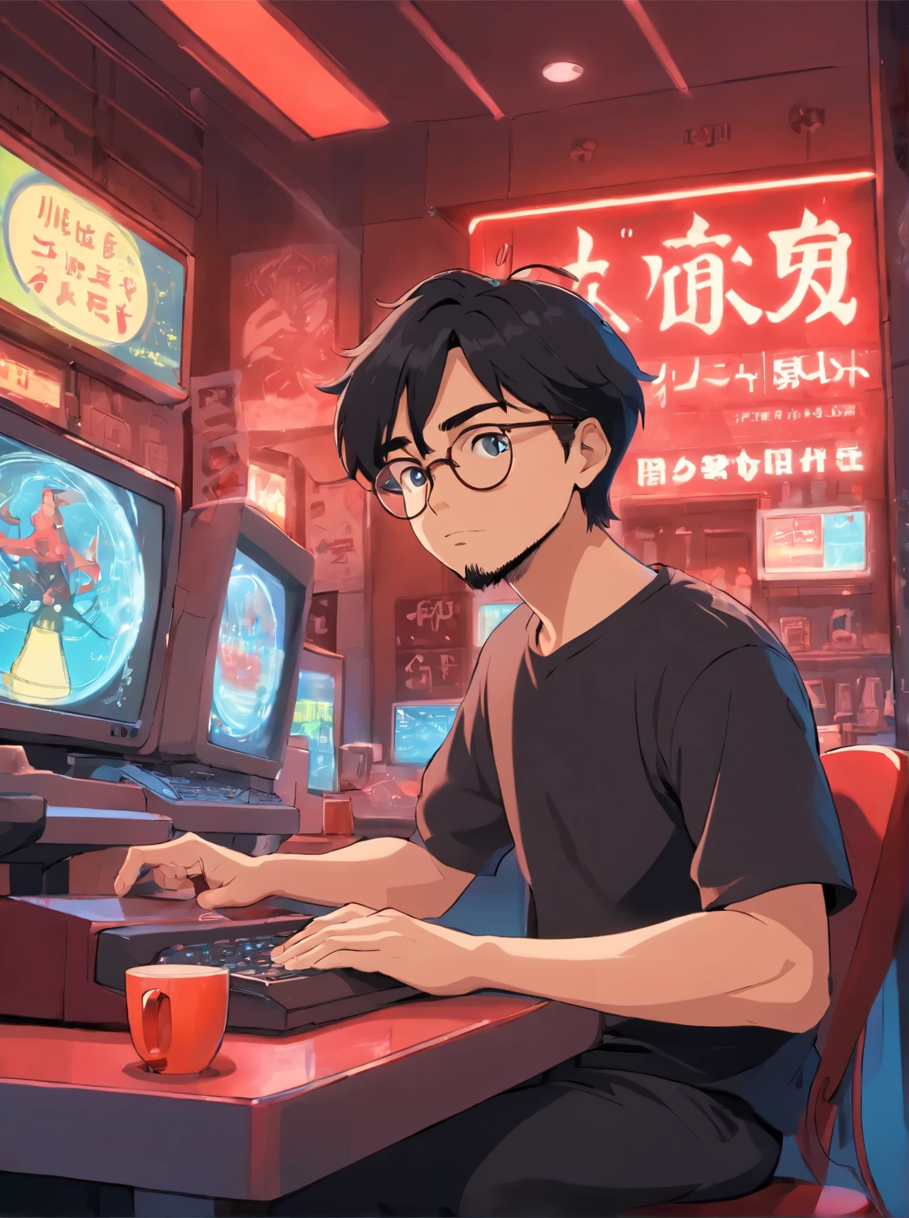 original, wide angle, A man wearing glasses sits on a chair in front of a futuristic computer screen in a bright cafe., 30 years old,Red-black skin, black hair, wavy hair,shoulder length hair,Software Development Engineer.,bear typography,small beard,black t-shirt,black pants,white clothes, The coffee cup is placed on the table., Display star information, hardware, bright environment, neon light, Leonardo DiCaprio