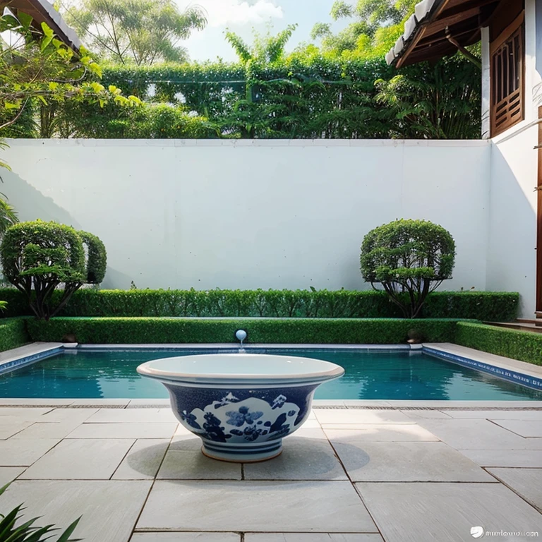 Thailand Garden,Lacquer painting composition,Simple composition,watercolor style,blue and white porcelain