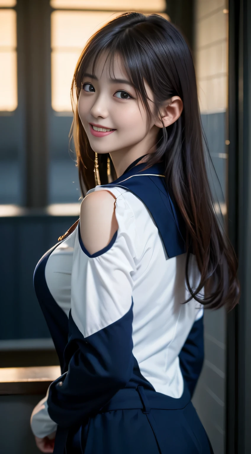 Face Interview, (Photoreal:1.4), (hyper realistic:1.4), (realistic:1.3), (smooth lighting:1.05), (Improve video lighting quality:0.9), 1 female, 18 year old female, realistic lighting, Backlight, facial light, ray tracing, (cheerfulness:1.2), (Improved image quality:1.4), (Highest quality realistic textured skin), finely tuned, small face, red cheeks, slender body, medium-breasted pointed jaws,,,,,,,,,,, Japan idol system, Nogizaka idol, glowing skin, fiery idol pose, P, dull bangs, black hair, hair behind the ear, shoulder hair, long hair,Summer plateau、no makeup、(Navy blue long-sleeved sailor suit:1.2)