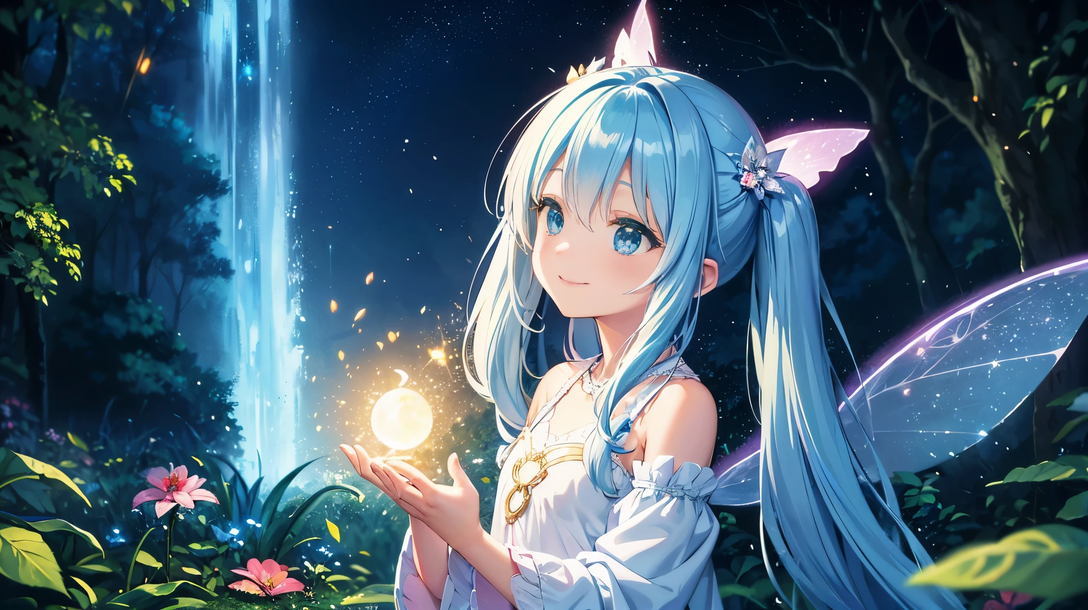 dynamic angle、 within a magical forest, a mystical fairy girl emerges, light blue long hair、Hairstyle twin tails、adorable smile, Sparkling blue, white, yellow, red, orange, pink, rainbow-colored costumes、the glow of the moonlight, flower bloom、A big pure white dragon flies in the sky、Sparkling fireflies are flying, the air resonates with the ethereal symphony of nature's whispers, Creating a field where dreams and reality intersect,produce something overwhelming, fantastic fairy world