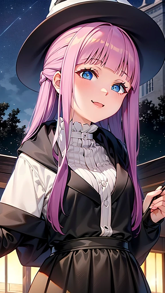 witch with wound, flirty anime witch casting magic, witch girl, pretty sorceress, witch academia, bright witch, witch, a beautiful sorceress, beautiful sorceress, portrait of a young witch girl, beautiful wizard, splash art anime , a witch, portrait of a witch, best quality, masterpiece, ultra high resolution, pretty face, girl, white blue hair, hair spread out, hair over shoulder, long white blue hair, witch hat, light smile, evil smile, anime, anime style, night, castle, balcony, starry sky, sexy, little clothes, seducing