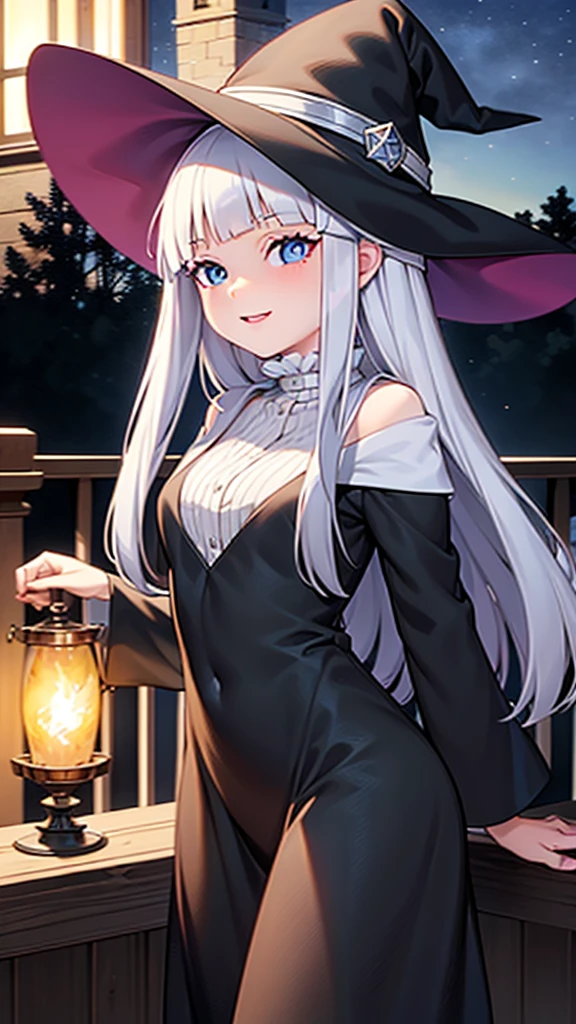 witch with wound, flirty anime witch casting magic, witch girl, pretty sorceress, witch academia, bright witch, witch, a beautiful sorceress, beautiful sorceress, portrait of a young witch girl, beautiful wizard, splash art anime , a witch, portrait of a witch, best quality, masterpiece, ultra high resolution, pretty face, girl, white blue hair, hair spread out, hair over shoulder, long white blue hair, witch hat, light smile, evil smile, anime, anime style, night, castle, balcony, starry sky, sexy, little clothes, seducing