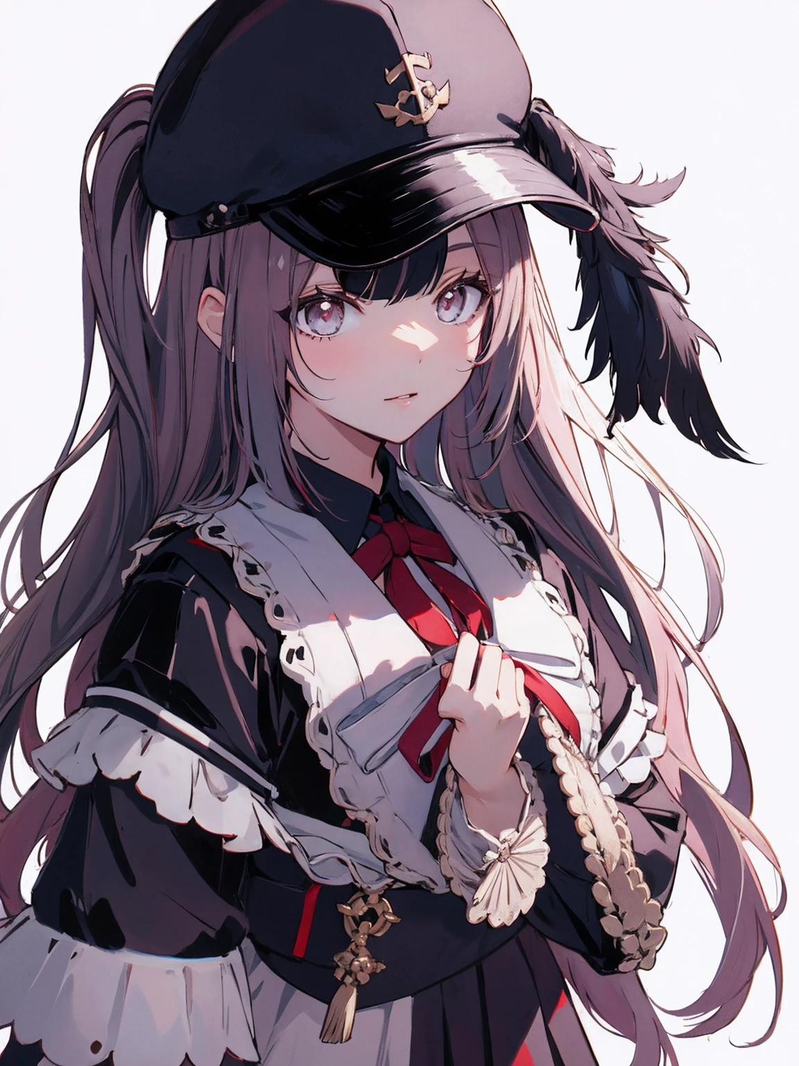 1 girl、uniform、eyepatch、hat、Black feathers、white background、simple background