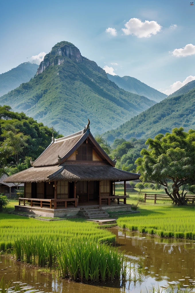 Thai ancient hut，Lacquer painting composition，Simple composition，watercolor style，Background of mountains and trees. Rice field. There are buffalo in the field.
