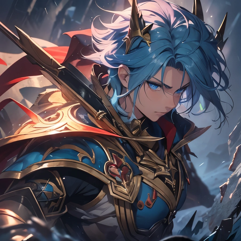 (masterpiece), 8k cg, intricate details, chromatic aberration, ((bust shot)), ((looking at viewer)), 1man, Ike, (blue eyes, spiky blue hair, large red cape, shoulder armor, golden sword, heroic armor), strong face, handsome face, frown, 20 year old, defined muscles, muscular body, absurdres, cinematic lighting, dynamic lighting, fantasy, ((dark background, fog))