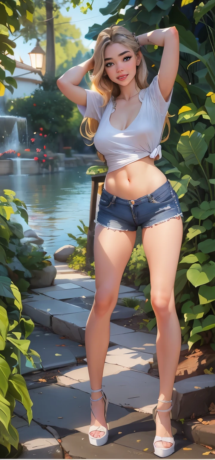 kaisha，The ultra-great resolution，逼真，Photorealistic， imagination， （realistically）， composition， （HDR：1.5）， al fresco， complicated detail，vests，Underpants，sport shoes，a whole body，Long legs，8K，to stand，looking at the spectator，red-lips，