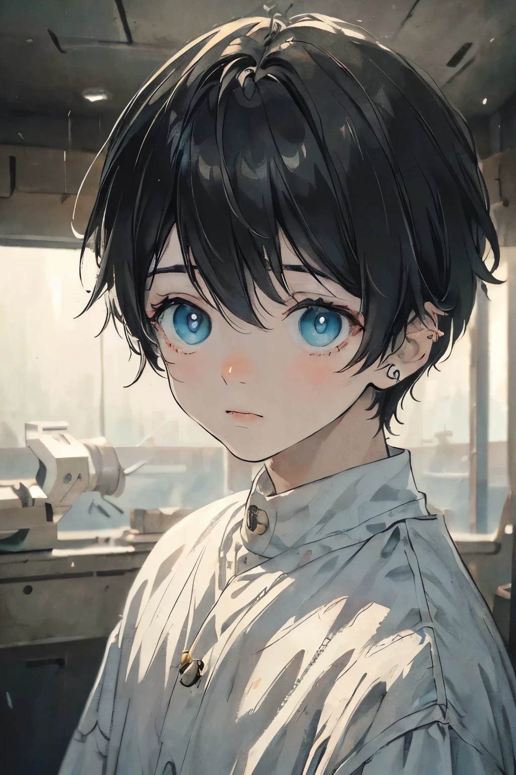 (best quality,4k,8k,highres,masterpiece:1.2),ultra-detailed,(realistic,photorealistic,photo-realistic:1.37),HDR,UHD,studio lighting,ultra-fine painting,sharp focus,physically-based rendering,extreme detail description,professional,vivid colors,bokeh,Portraits,Black and White, Warm tones, Soft lighting,

1 boy, acolecent, with black hair and piercing green eyes stands confidently at the center of the composition. He wears a sleek black cap that adds a stylish touch to his appearance. Adorned in a black jacket with a hint of sheen, he exudes an air of mystery and intrigue. Underneath, he sports a gray shirt that echoes the industrial palette of the underground subway.

As the focus of the artwork, the boy is surrounded by a swarm of robot insects, each with intricate mechanical details and a futuristic aesthetic. These insects obediently heed his command as he controls their movements with precision and skill. Their metallic bodies shimmer with shades of silver and iridescent blue, creating mesmerizing reflections in the ambient subway light.

The underground setting adds depth and atmosphere to the scene, with dimly lit tunnels stretching into the distance. Soft, ethereal beams of light filter through the narrow gaps in the ceiling, casting delicate shadows on the boy's face. The interplay of light and shadow emphasizes his determination and resilience in the face of the unknown.

The artwork is rendered with the utmost attention to detail, capturing the boy's features and expressions with uncanny realism. Every strand of his hair and every line of his face is painstakingly depicted, showcasing the artist's mastery of ultra-fine painting techniques. The resulting image is a true masterpiece, evoking emotion and inviting the viewer to delve into the boy's enigmatic world.

Throughout the composition, warm tones and a black and white aesthetic prevail, creating a sense of timeless elegance. The subdued color palette accentuates the boy's vibrant green eyes, drawing the