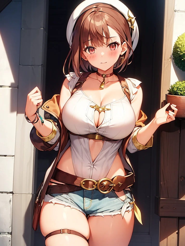 ((blush:1.2)), 1 girl, riser, atelier, Alchemist, beret, short hair, (((white shirt))), (very short shorts:1.2), over the knee boots, looking at the viewer, big breasts, thick thighs, embarrassing, outdoor, written boundary depth, Curvaceous, adult women, cowboy shot, Erotic position, close the legs,