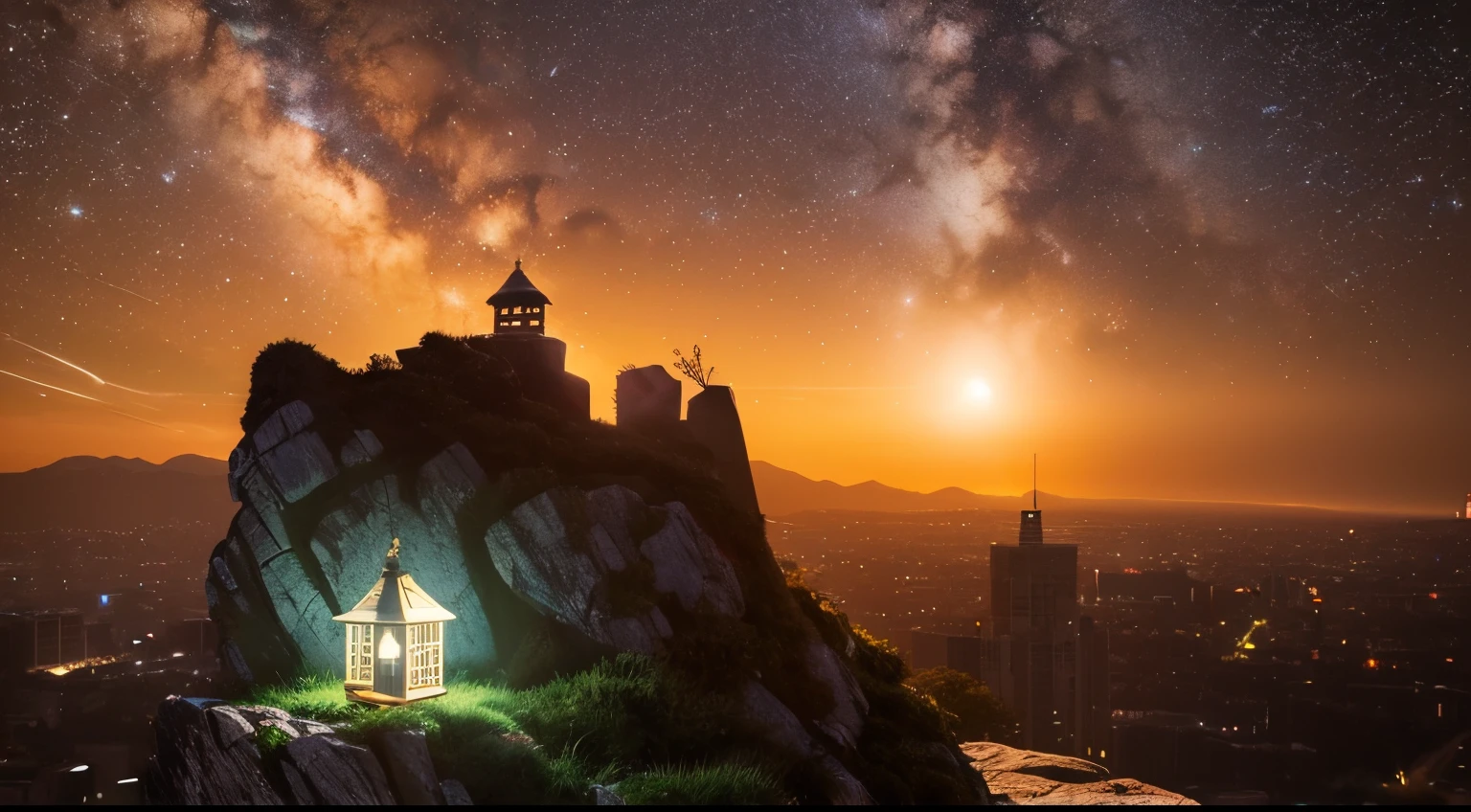 A lantern on a rock in a uper city, night sky, outdoors, building, cloud, milky way, sitting, tree, city, silhouette, cityscape