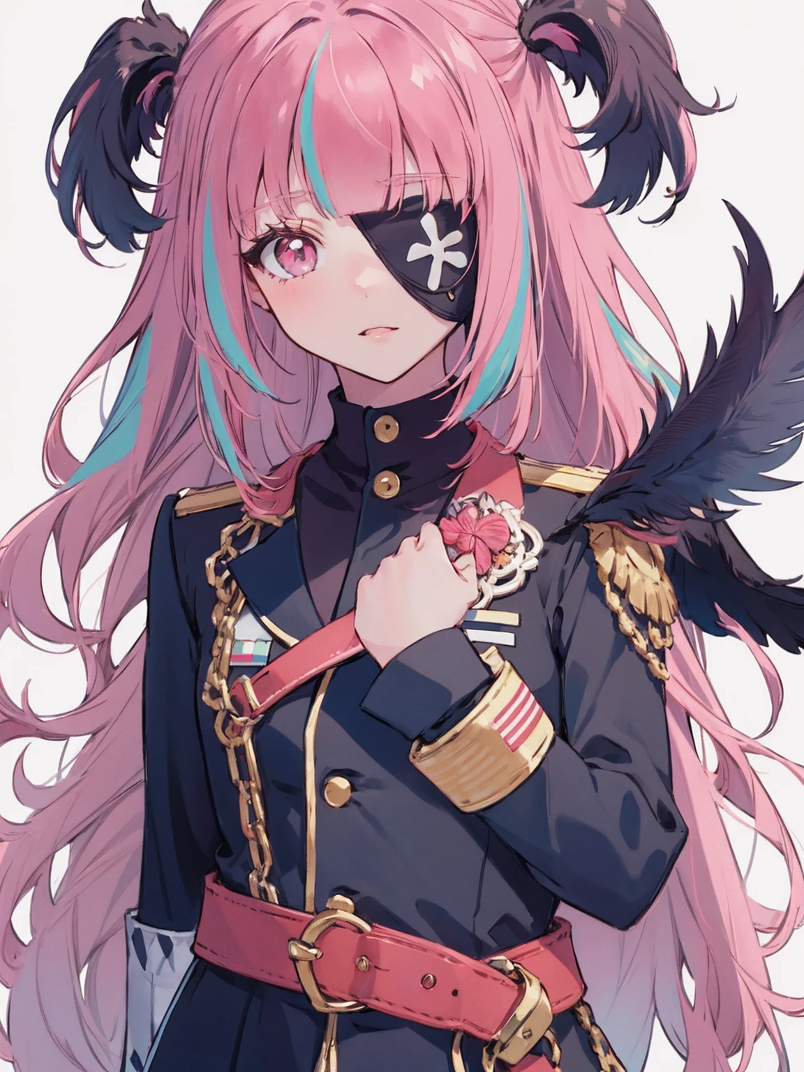 1 girl、pink hair、Pink eyes、black military uniform、eyepatch、hat、Black feathers、white background、simple background