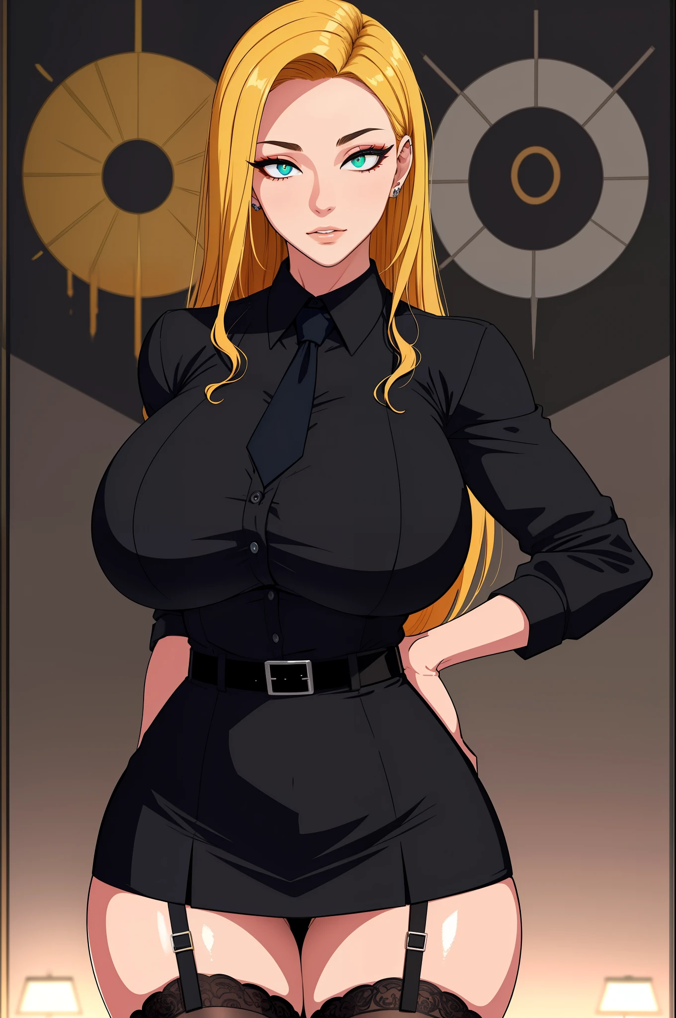 (masterpiece, highres, best quality:1.2), 8K, highly detailed, intricate, colorful, vibrant image, sharp focus, cinematic) blonde hair, long hair, green eyes, body builder (Wearing black business outfit, black_collared shirt cropped jacket ,tie,necktie,black frilled skirt, garter straps, leather waist belt) (big perfect round breasts,hourglass body, (gigantic breasts breasts 1.6),thin waist,very thin waist, Photo realistic,(hyperrealistic:1)beautiful, masterpiece, best quality, extremely detailed face,perfect face,beautiful face, perfect lighting,detailed eye makeup, detail face, nice detailed eyes,nice hands, perfect hands,glowing eyes (realistic pupils,realistic iris:1) heavy eye makeup,(empty Casino)(Posing dynamically)