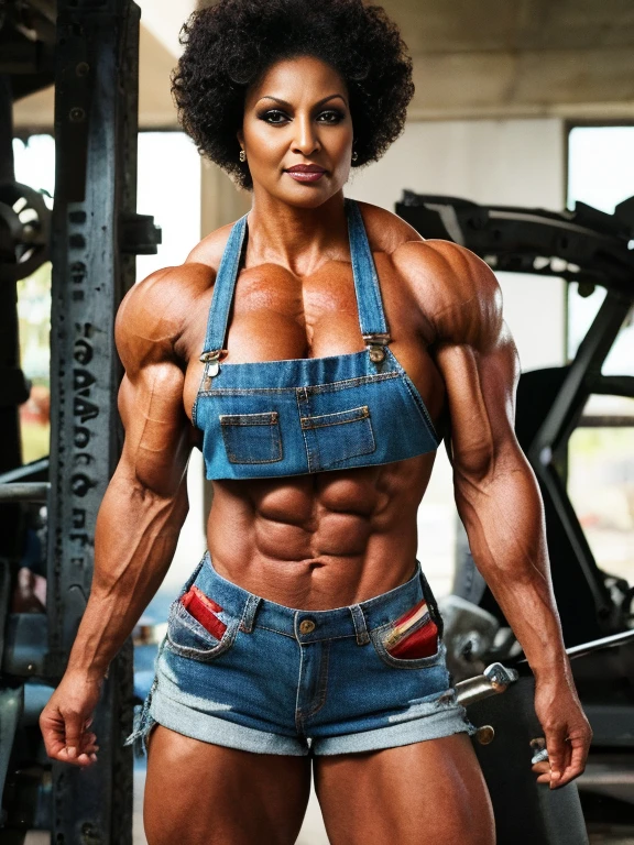 Pam Grier, A heavily muscled iffb pro female bodybuilder, A sexy female mechanic, sexy torn mechanic overalls, topless, bare midriff, pin-up aesthetic, high detail face, high detail skin, 8, HDR, high resolution, photo-realistic, cinematic lighting, depth of field, bokeh, rim lighting, backlit, cool colours, night