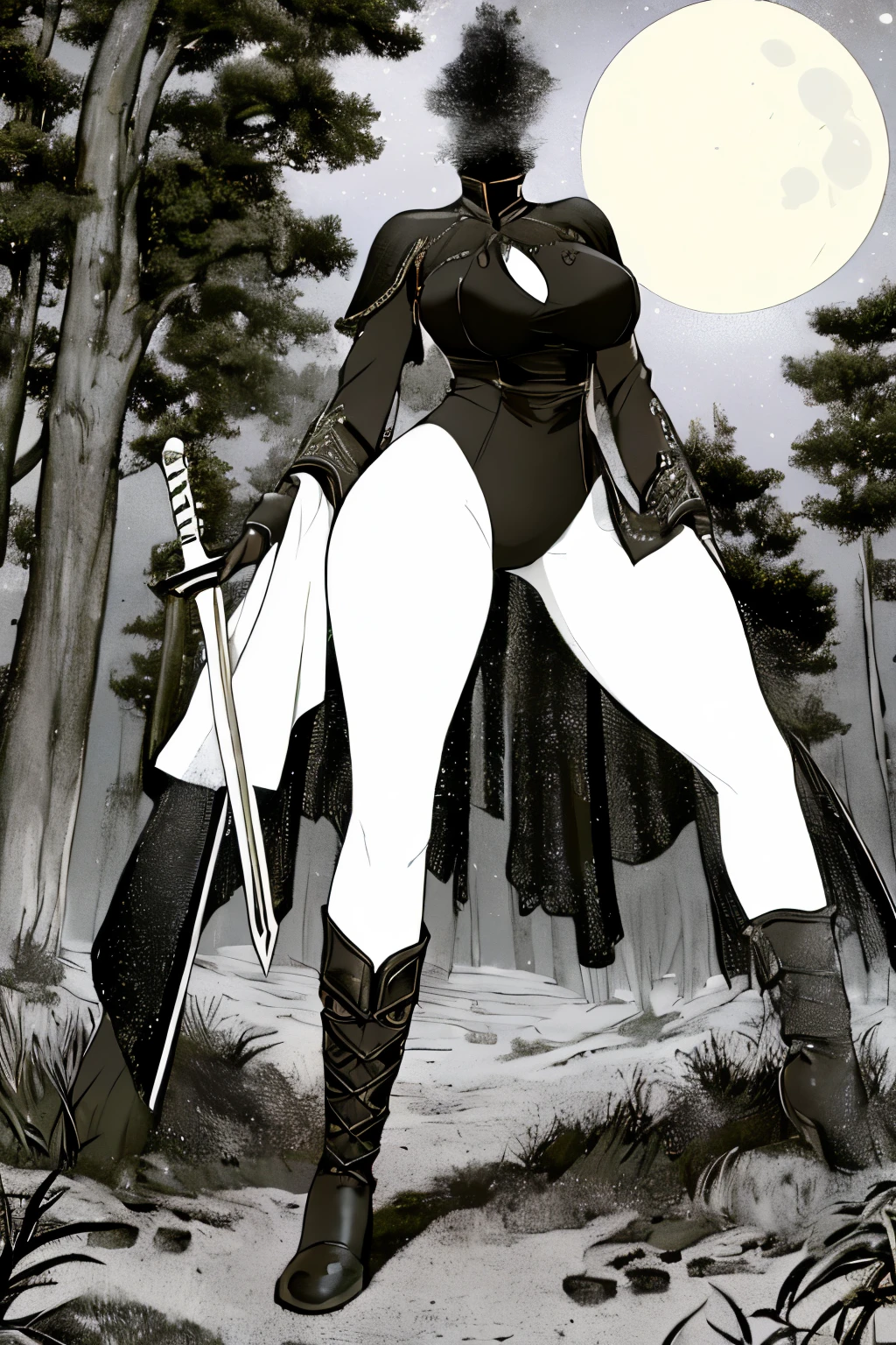 Highly detailed, High Quality, Masterpiece, beautiful, DisembodiedHead, 1girl, solo,  headless, horsewoman, cleavage, armour, suit, black leotard, long sleeve gloves, white pantyhose, white tights, black boots, sword, forest, tree, night, dark, black, moon, moonlight, full body,