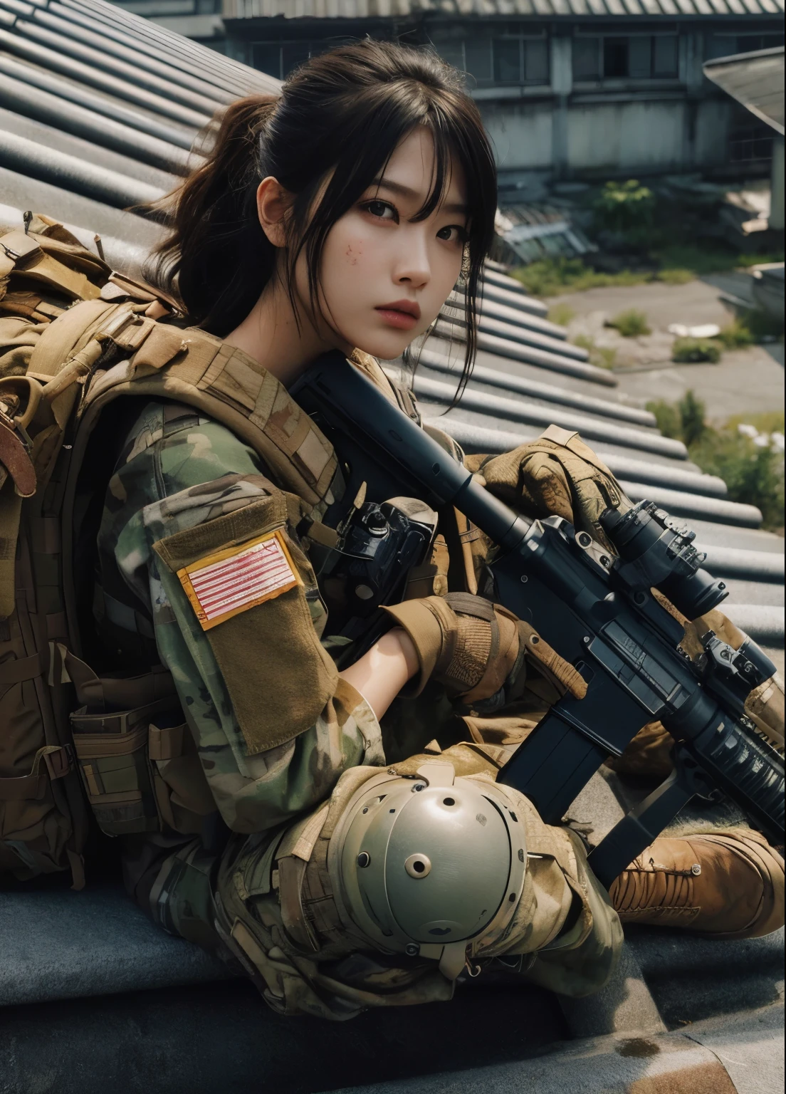 photorealistic、realistic skin texture、automatic rifle、