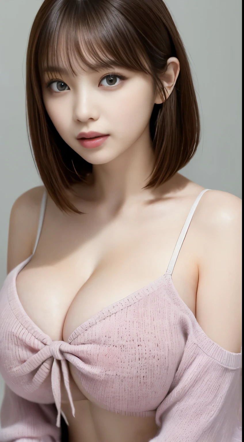 table top, highest quality, Photoreal, finely, High resolution, 8k wallpaper, perfect dynamic composition, beautiful and fine eyes, (Random medium hair, tied hair)、big and full breasts, random sexy poses,chest to chest、(Tight pink see-through knitwear)、(big breasts: 1.u can see beautiful cleavage)、laughter、open your mouth、The tip of the tongue is visible、(Licking Tongue 1.5)、beautiful resort scenery、25 years old、(droopy eyes 1.4)、Adult beauty、Japanese、look at the person taking the photo
