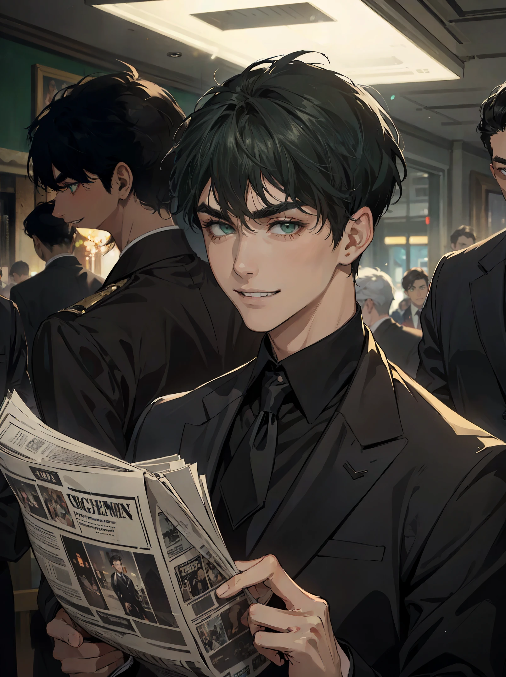 ((One young man in a black suit and tie)), Gotham, alejandro, (((Dark short hair swept to the side))), (dark green eyes and thick eyebrows), grin, ((20-year-old)), ((masterpiece)), read the newspaper , ((cinematic lighting)),