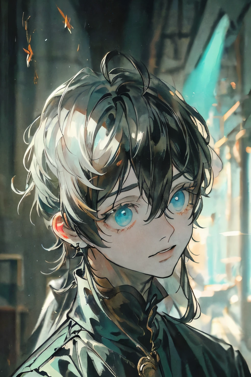 (best quality,4k,8k,highres,masterpiece:1.2),ultra-detailed,(realistic,photorealistic,photo-realistic:1.37),HDR,UHD,studio lighting,ultra-fine painting,sharp focus,physically-based rendering,extreme detail description,professional,vivid colors,bokeh,Portraits,Black and White, Warm tones, Soft lighting,
1 boy, acolecent, with black hair and piercing green eyes stands confidently at the center of the composition. He wears a sleek black cap that adds a stylish touch to his appearance. Adorned in a black jacket with a hint of sheen, he exudes an air of mystery and intrigue. Underneath, he sports a gray shirt that echoes the industrial palette of the underground subway.
As the focus of the artwork, the boy is surrounded by a swarm of robot insects, each with intricate mechanical details and a futuristic aesthetic. These insects obediently heed his command as he controls their movements with precision and skill. Their metallic bodies shimmer with shades of silver and iridescent blue, creating mesmerizing reflections in the ambient subway light.
The underground setting adds depth and atmosphere to the scene, with dimly lit tunnels stretching into the distance. Soft, ethereal beams of light filter through the narrow gaps in the ceiling, casting delicate shadows on the boy's face. The interplay of light and shadow emphasizes his determination and resilience in the face of the unknown.
The artwork is rendered with the utmost attention to detail, capturing the boy's features and expressions with uncanny realism. Every strand of his hair and every line of his face is painstakingly depicted, showcasing the artist's mastery of ultra-fine painting techniques. The resulting image is a true masterpiece, evoking emotion and inviting the viewer to delve into the boy's enigmatic world.
Throughout the composition, warm tones and a black and white aesthetic prevail, creating a sense of timeless elegance. The subdued color palette accentuates the boy's vibrant green eyes, drawing the