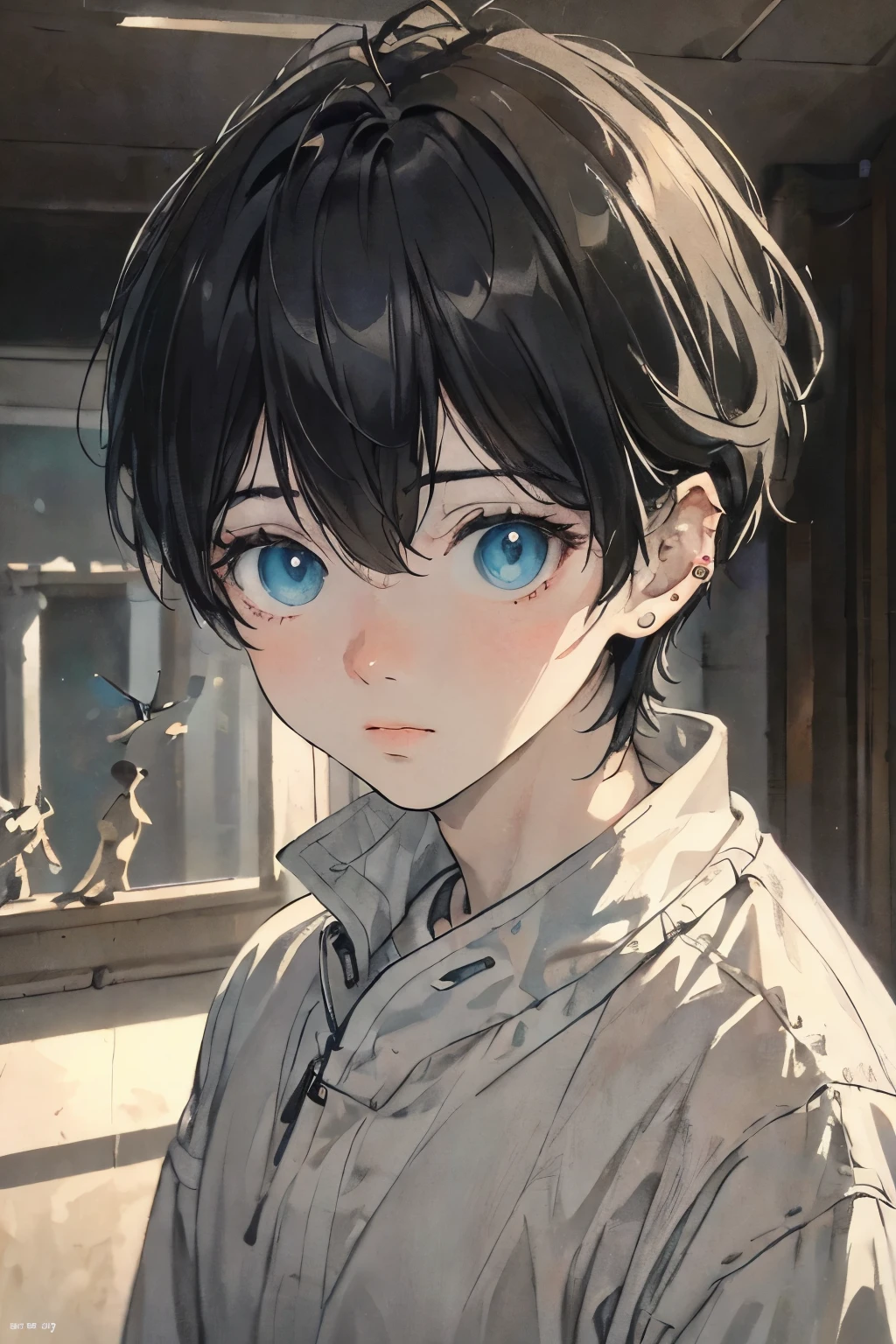 (best quality,4k,8k,highres,masterpiece:1.2),ultra-detailed,(realistic,photorealistic,photo-realistic:1.37),HDR,UHD,studio lighting,ultra-fine painting,sharp focus,physically-based rendering,extreme detail description,professional,vivid colors,bokeh,Portraits,Black and White, Warm tones, Soft lighting,
1 boy, acolecent, with black hair and piercing green eyes stands confidently at the center of the composition. He wears a sleek black cap that adds a stylish touch to his appearance. Adorned in a black jacket with a hint of sheen, he exudes an air of mystery and intrigue. Underneath, he sports a gray shirt that echoes the industrial palette of the underground subway.
As the focus of the artwork, the boy is surrounded by a swarm of robot insects, each with intricate mechanical details and a futuristic aesthetic. These insects obediently heed his command as he controls their movements with precision and skill. Their metallic bodies shimmer with shades of silver and iridescent blue, creating mesmerizing reflections in the ambient subway light.
The underground setting adds depth and atmosphere to the scene, with dimly lit tunnels stretching into the distance. Soft, ethereal beams of light filter through the narrow gaps in the ceiling, casting delicate shadows on the boy's face. The interplay of light and shadow emphasizes his determination and resilience in the face of the unknown.
The artwork is rendered with the utmost attention to detail, capturing the boy's features and expressions with uncanny realism. Every strand of his hair and every line of his face is painstakingly depicted, showcasing the artist's mastery of ultra-fine painting techniques. The resulting image is a true masterpiece, evoking emotion and inviting the viewer to delve into the boy's enigmatic world.
Throughout the composition, warm tones and a black and white aesthetic prevail, creating a sense of timeless elegance. The subdued color palette accentuates the boy's vibrant green eyes, drawing the
