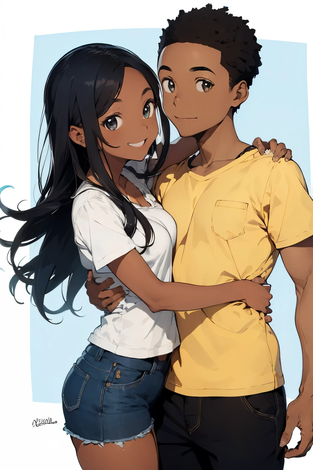 ((african american couple hugging)), ((cartoon)), ((melhor qualidade)), ((obra de arte)), (detalhado), rosto perfeito