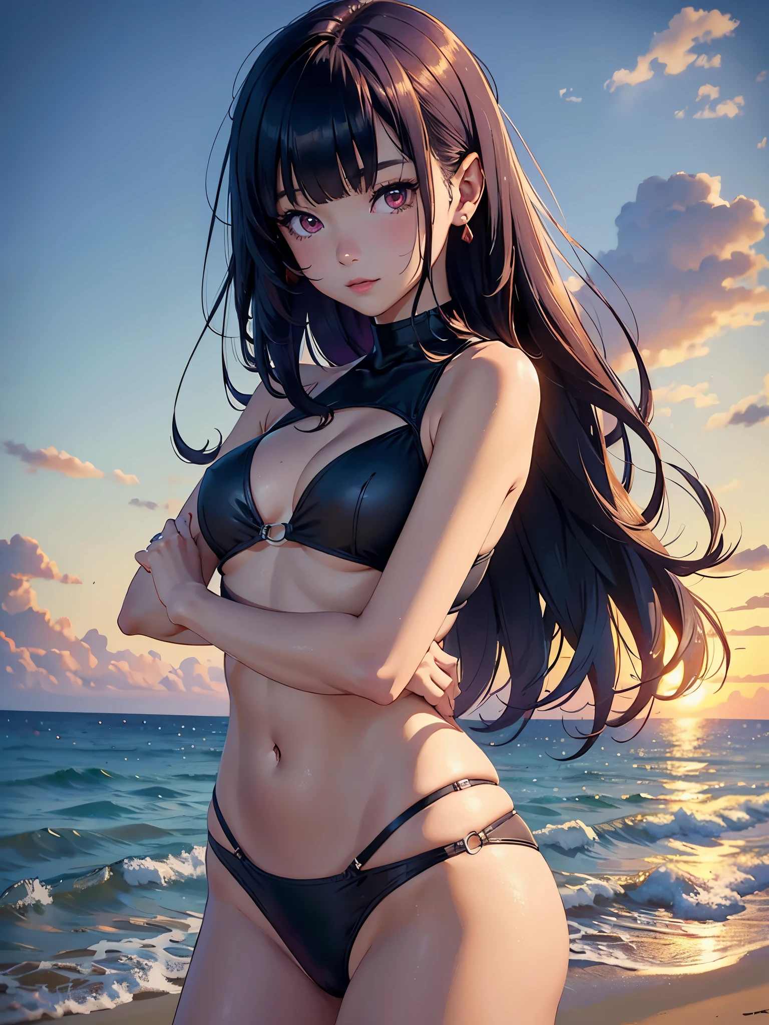 8K、master piece、highest quality、highest level、Highest image quality、muste piece、intricate details、high resolution、depth field、Natural light、professional lighting、(1 person)、solo、Anglo-Saxon girlish girl、(cute:1.2)、very beautiful cartoon girl、(high detail skin: 1.2)、Photorealistic anime girl rendering、Realistic anime 3D style、purple hair with details、bob cut、crossed bangs、asymmetrical bangs、stick out ears、eyelashes、intense red eyes、strong eye highlights、perfect anatomy、hands behind the back、very mysterious smile、Attractive、Body shiny with oil、((teenage girl))、wearing a detailed blue bikini、Cute swimsuit、sandbeach、beach side、Beach where you can see the sunset at 6pm、red sunset clouds、