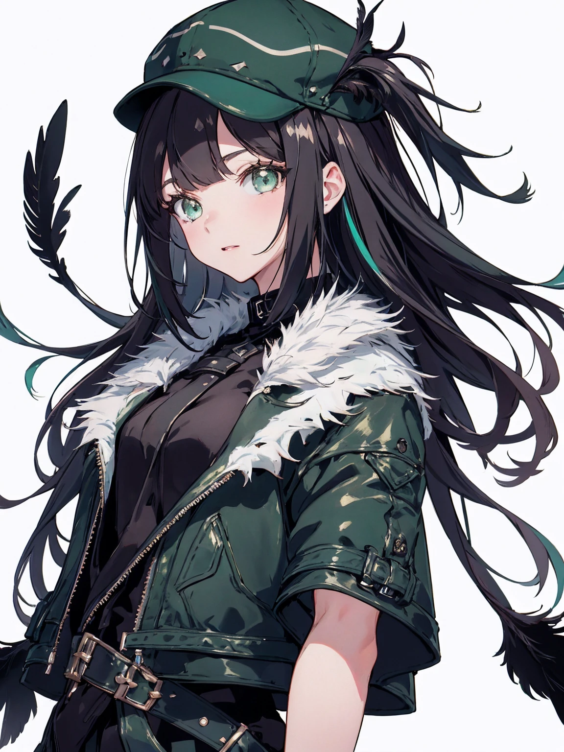 1 girl、black hair、green eyes、leather jacket、hat、Black feathers、white background、simple background